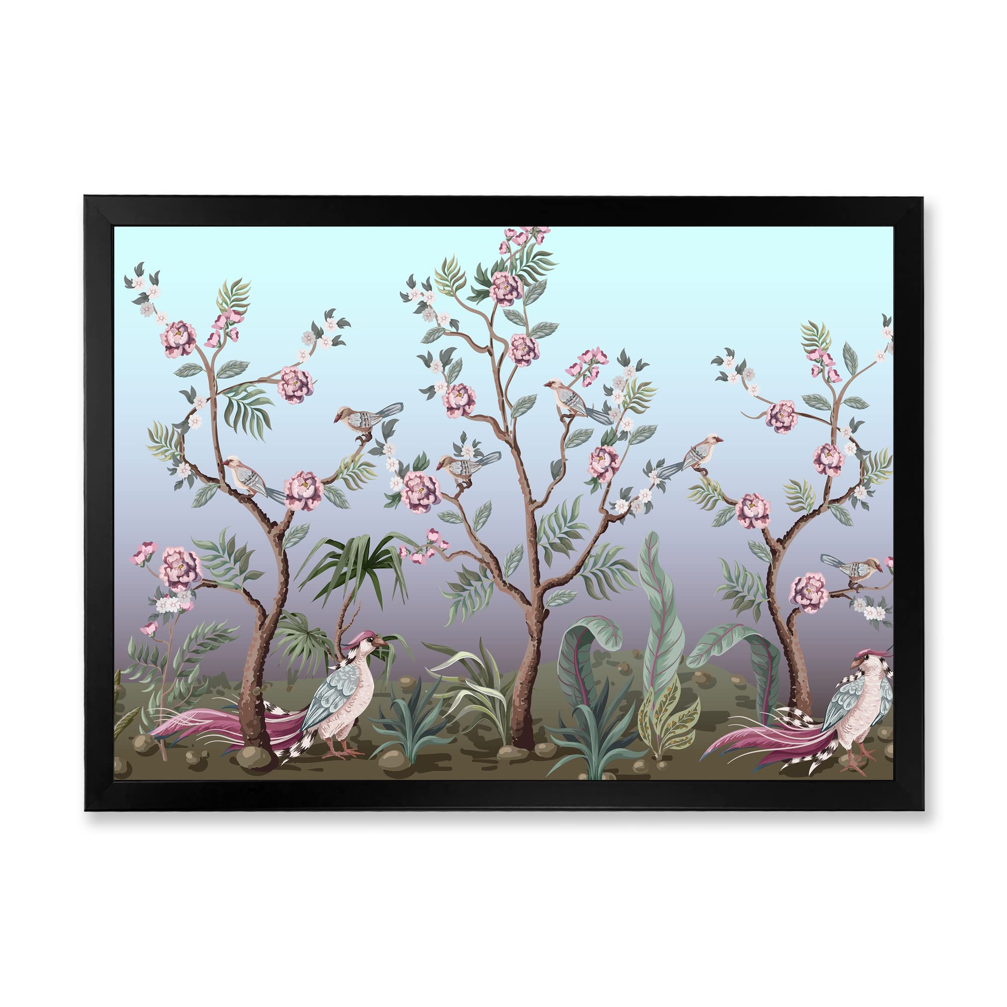 DesignQ Chinoiserie With Birds and Peonies II Traditional Framed Wall Art - Vintage Asian Inspired Home Decor for Living Room, Bedroom & Office