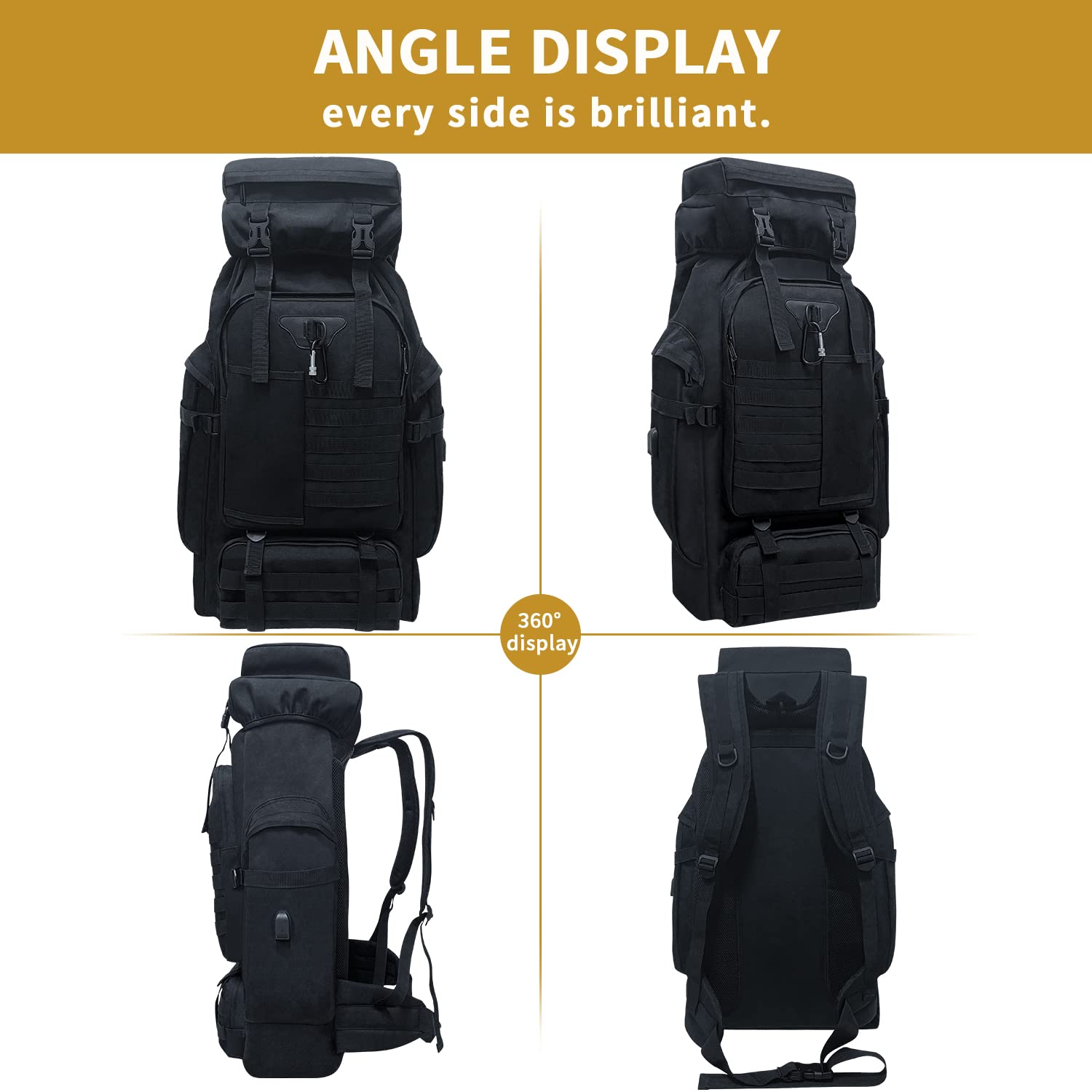 80L Waterproof Military Tactical Backpack - Large Camping Hiking Rucksack with MOLLE System & Carabiner - Durable Outdoor Daypack for Men & Women (Black) - Perfect for Camping, Hiking, Travel & Tactical Missions