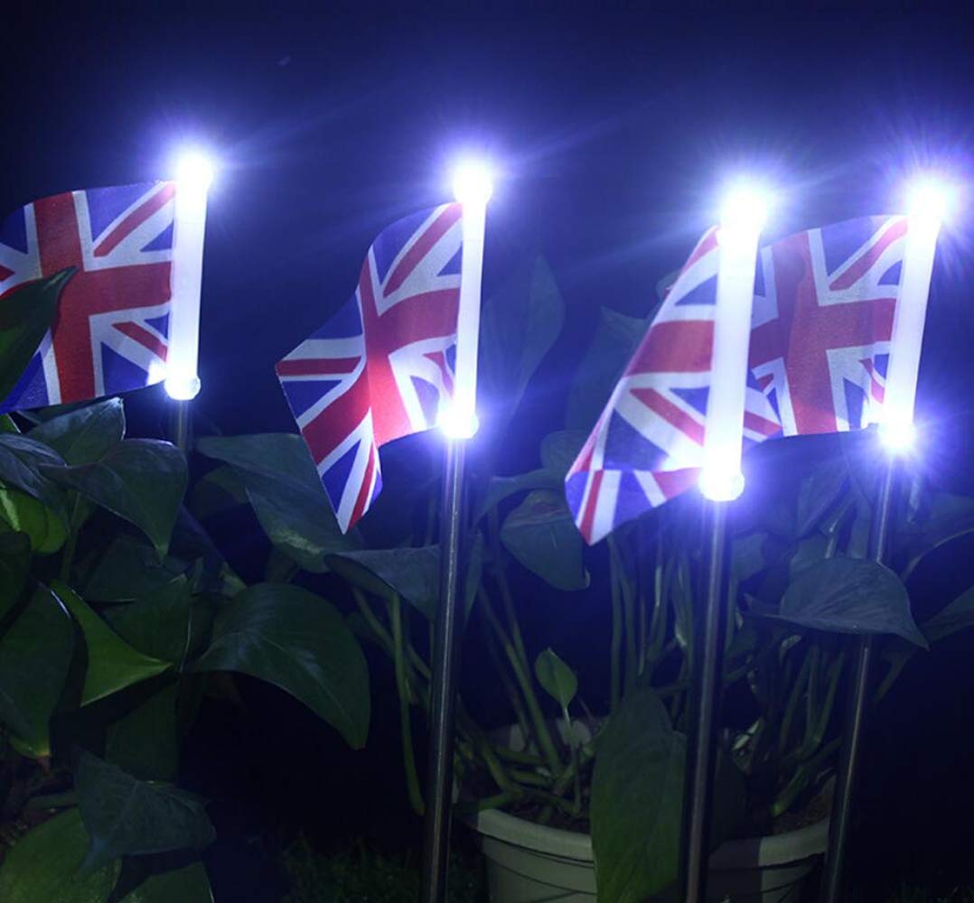 UK Flag Solar Garden Stake Lights - 2 Pack White Solar Powered Outdoor Path Lights for Garden, Patio, Yard & Walkway | Weatherproof & Energy Efficient Landscape Lighting for British-Themed Decor