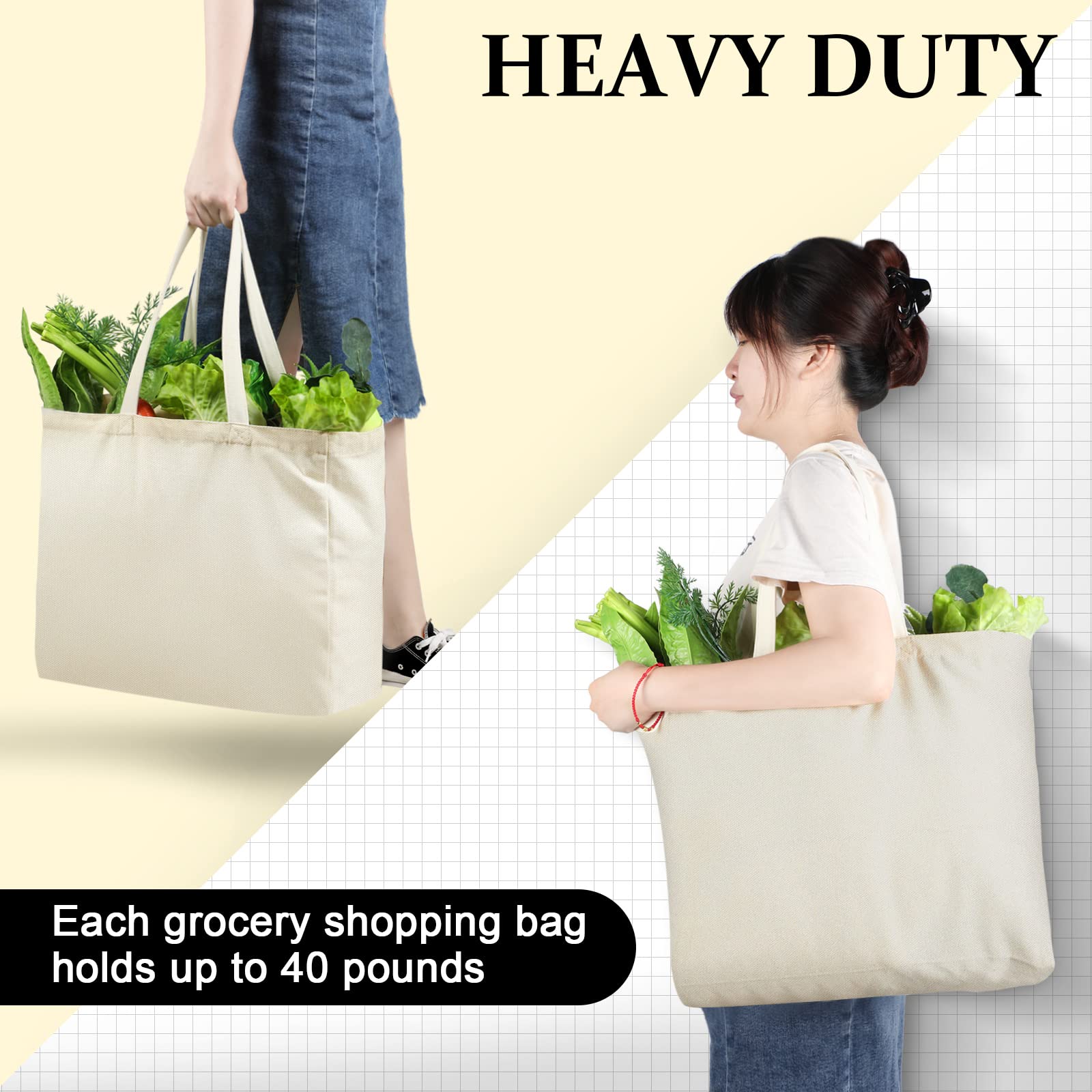 Reginary 12 Pack Large Canvas Grocery Bags - 14x14x7.9 Inch Reusable Shopping Tote Bags with Handles, Bulk Blank Eco-Friendly Pouches | Perfect for Grocery Shopping, Farmers Market, Beach Trips & Storage