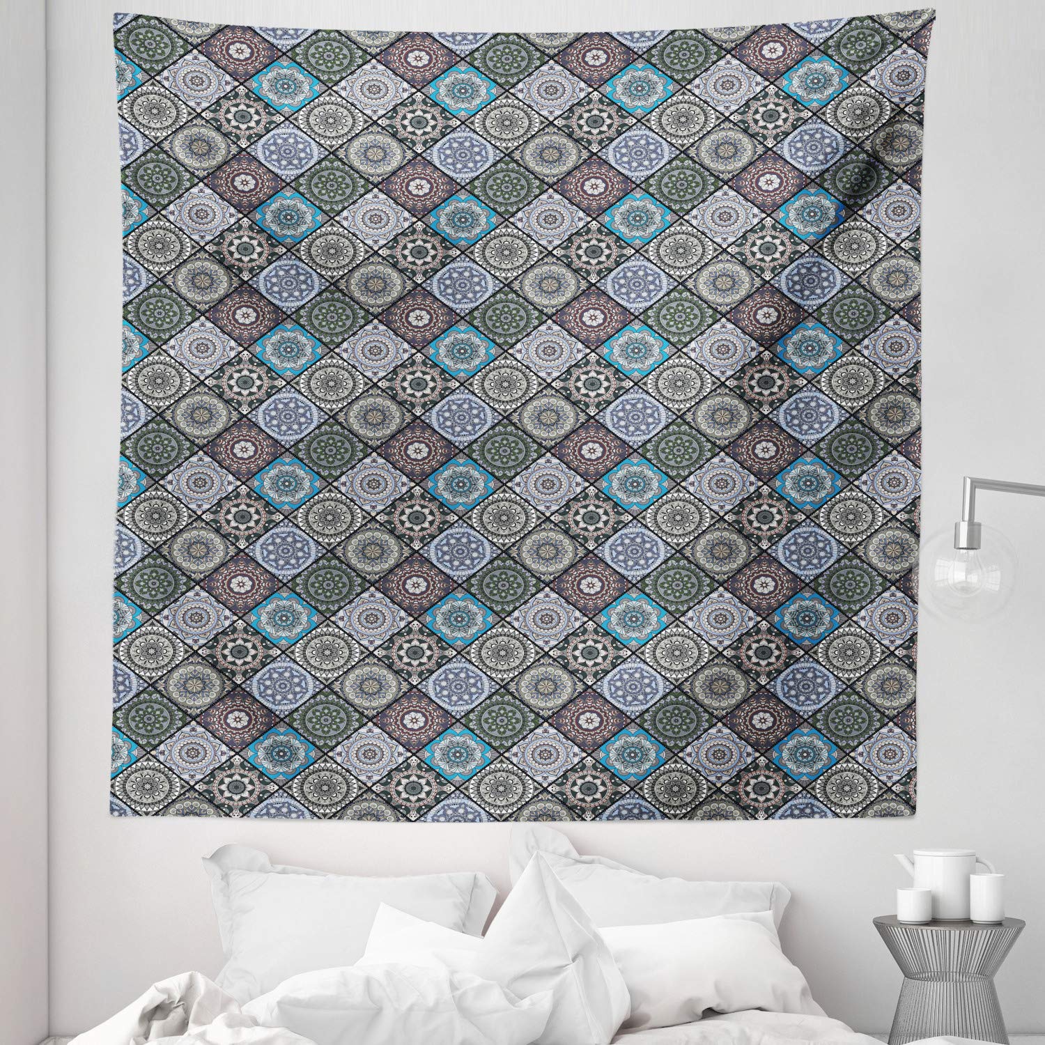 Ambesonne Moroccan Tapestry Queen Size 88x88 Inch - Floral Checkered Pattern Wall Hanging, Vintage Cultural Bedspread & Home Decor for Bohemian Living Room, Bedroom, Dorm - Multicolor Bohemian Tapestry for Wall Decor, Bed Cover and Room Divider