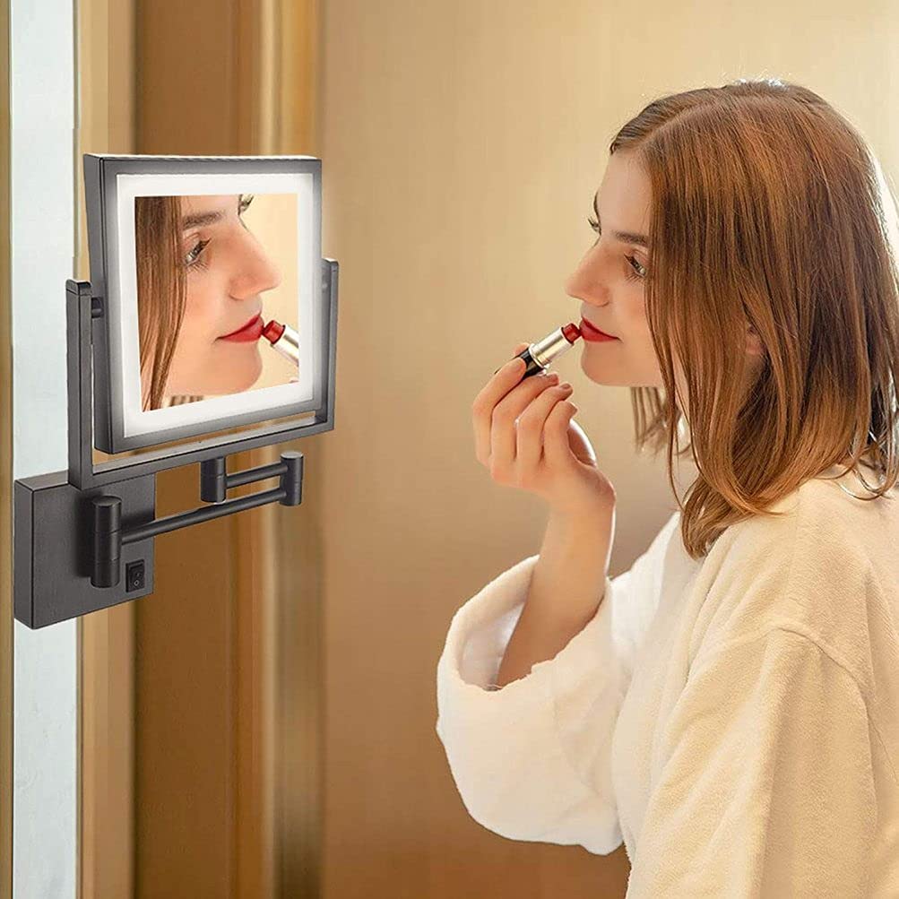8 Inch Wall Mounted Makeup Mirror with LED Lights & 3X Magnification - Double Sided Vanity Mirror with Extendable Arm for Bathroom, Bedroom & Hotel Use - USB Charging, Black - Perfect for Makeup Application, Shaving & Skincare Routines