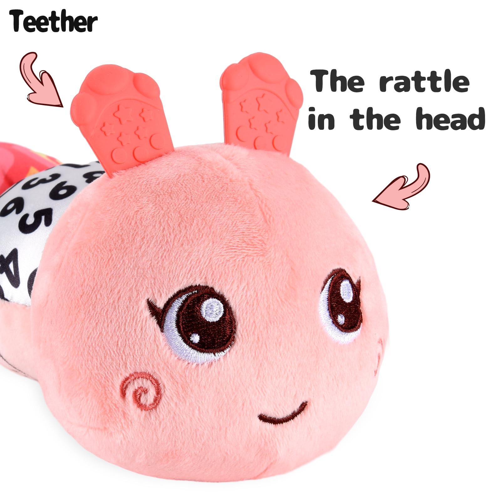 Soft Musical Stuffed Caterpillar Toy for Babies 0-12 Months - Multi-Sensory Developmental Activity Toy with Crinkle, Rattle & Textures (Pink) - Perfect for Tummy Time, Sensory Play & Early Learning
