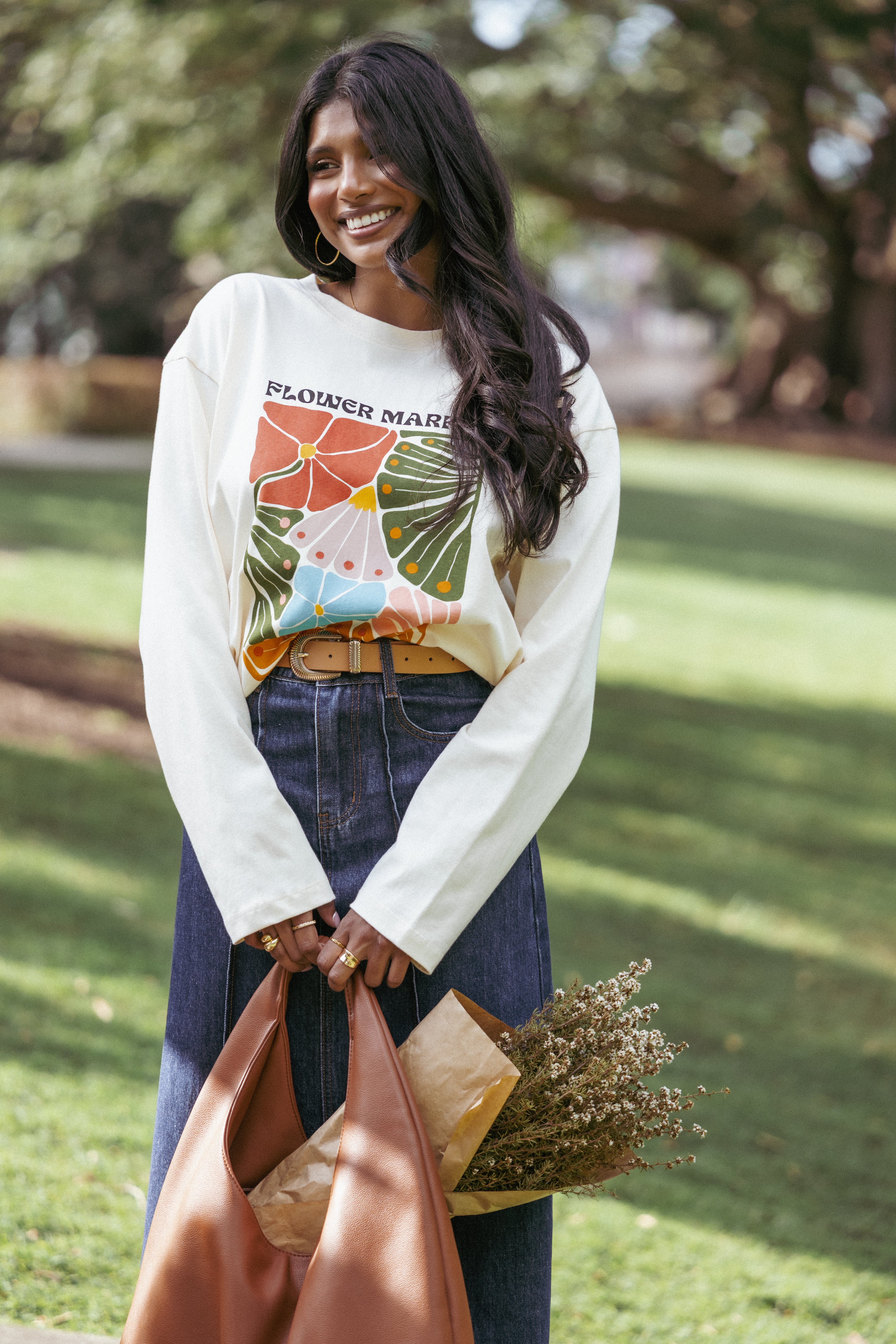 Flower Market Long Sleeve T-Shirt for Women - Soft Cream Casual Top for Spring & Fall | Perfect for Daily Wear, Outings & Layering