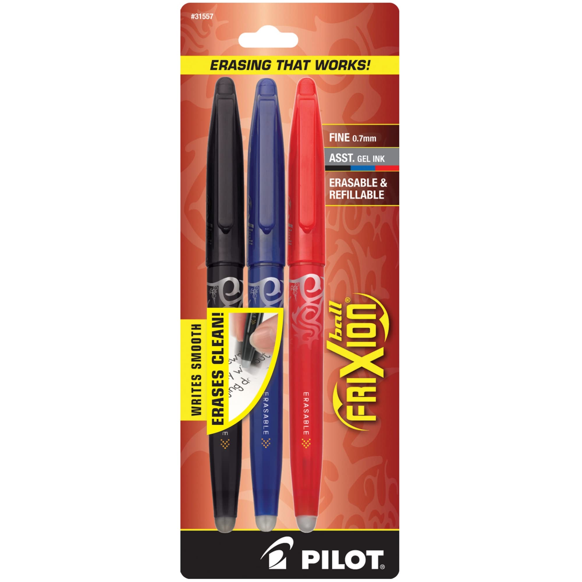 Pilot FriXion Ball Erasable Gel Pens - 3 Pack Fine Point 0.7mm with Assorted Ink Colors - Perfect for Note Taking, School Work & Office Use