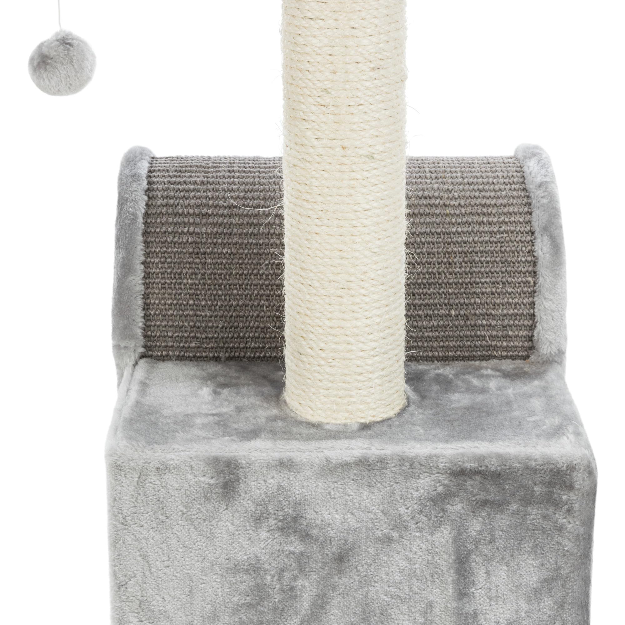 TRIXIE 31.5 Inch Cat Scratching Post with Sisal Rope - Multi-Level Cat Tree with Tunnel, Condo, Platform & Removable Cushion - Includes Dangling Toy for Indoor Cats - Gray Cat Furniture for Play & Relaxation