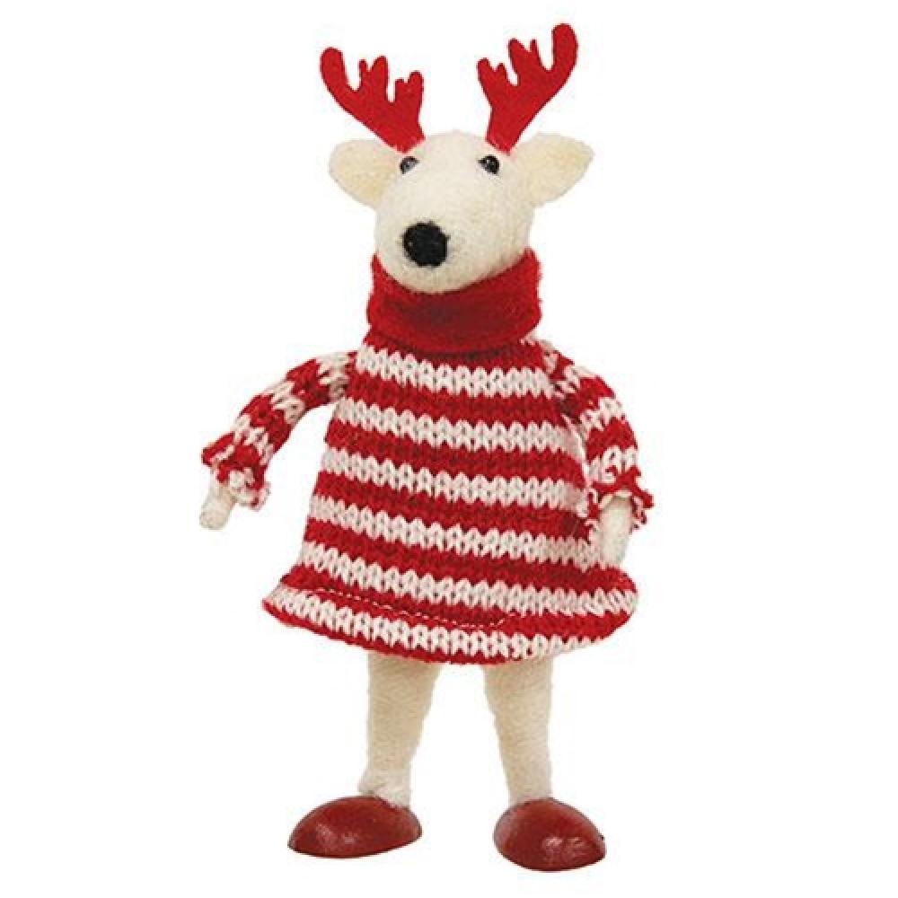 Handmade Felted Reindeer Red Striped Sweater Dress Ornament - Christmas Tree Decoration, Holiday Home Decor, Festive Gift Idea