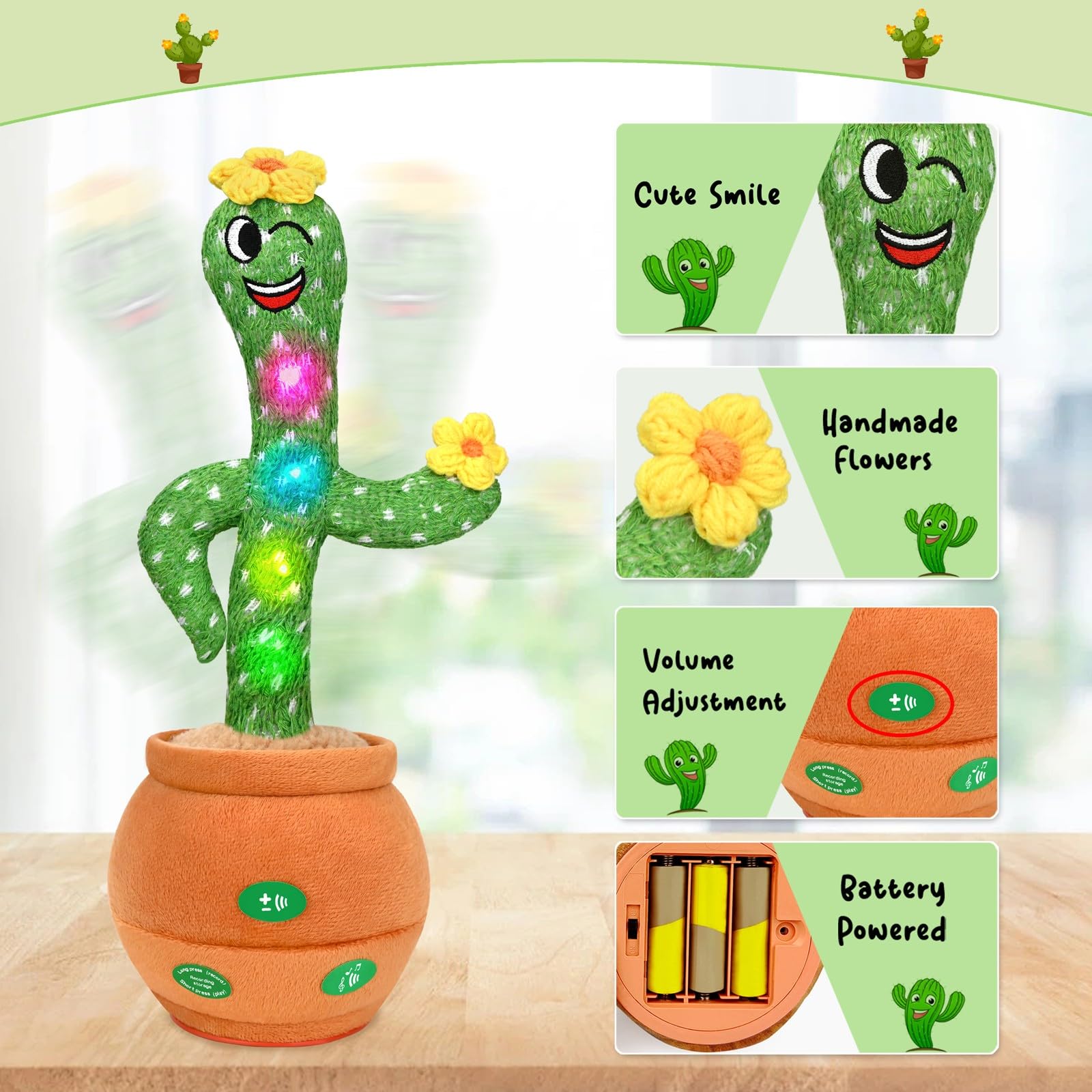 Interactive Talking Cactus Toy - Singing, Dancing & Repeating Educational Baby Toy with 60 English Songs, Lights & Recording Function | Perfect Tummy Time, Learning & Sensory Play Gift for Infants, Toddlers, Boys & Girls | Ideal for Playtime, Early Development & Birthday Gifts