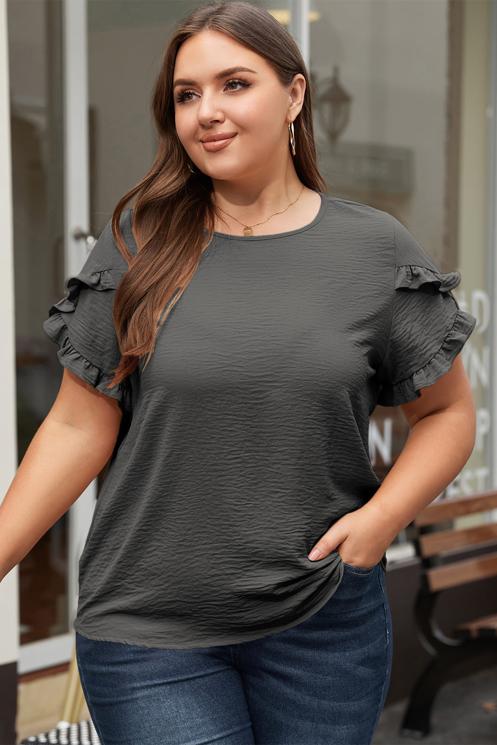 Curvy Fit Ruffled Short Sleeve Blouse for Women | Flattering Plus Size Summer Top | Perfect for Casual Outings & Date Nights