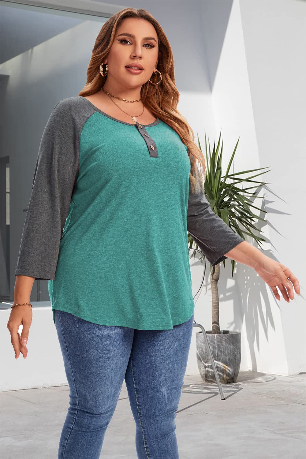 Plus Size Summer Tops for Women - 3/4 Sleeve V Neck Button Down Blouses - Casual Office Wear & Vacation Outfits