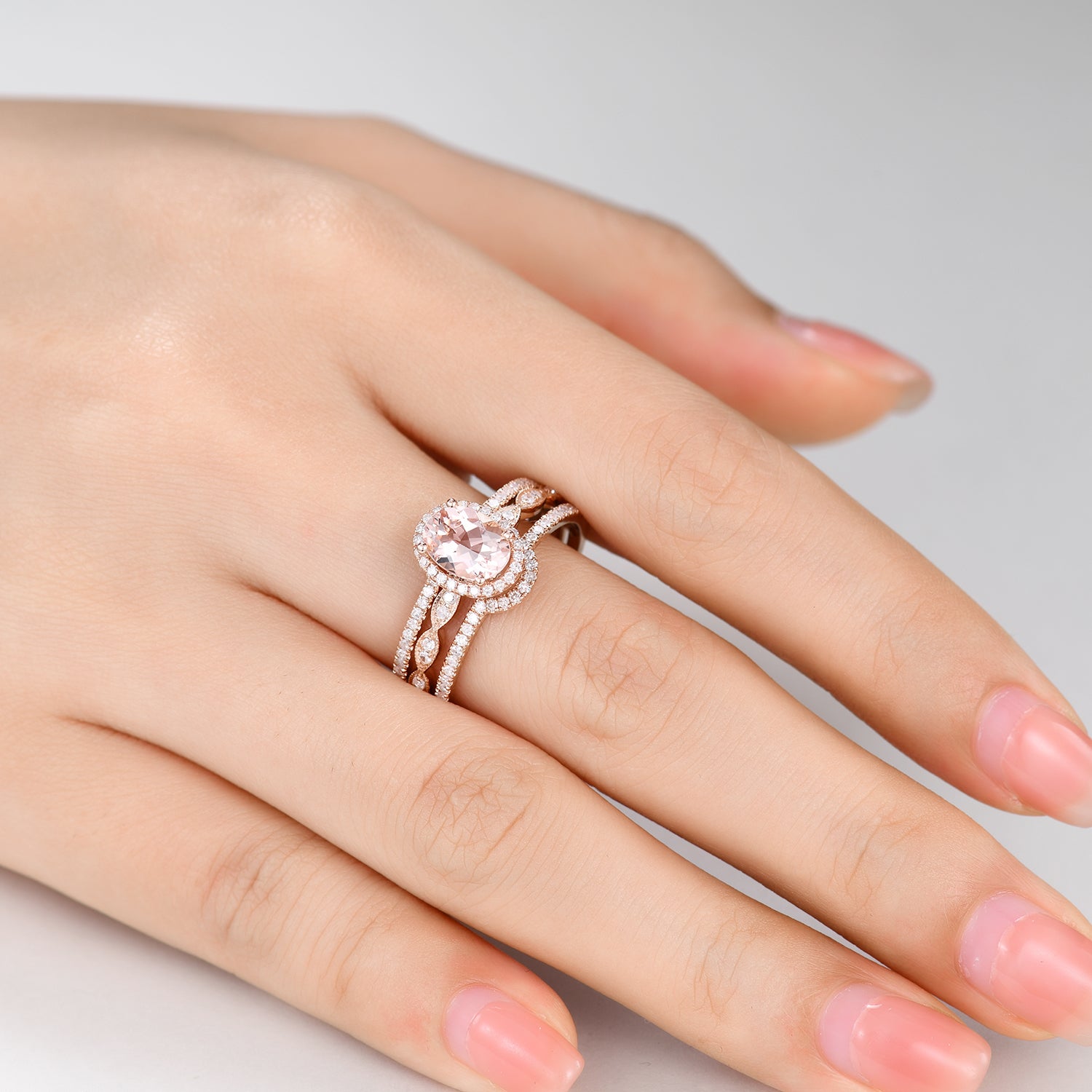 Stackable Oval Cut Morganite Engagement Ring Set with Diamond Accent Double Row Band - Perfect for Bridal, Wedding, and Anniversary Gifts