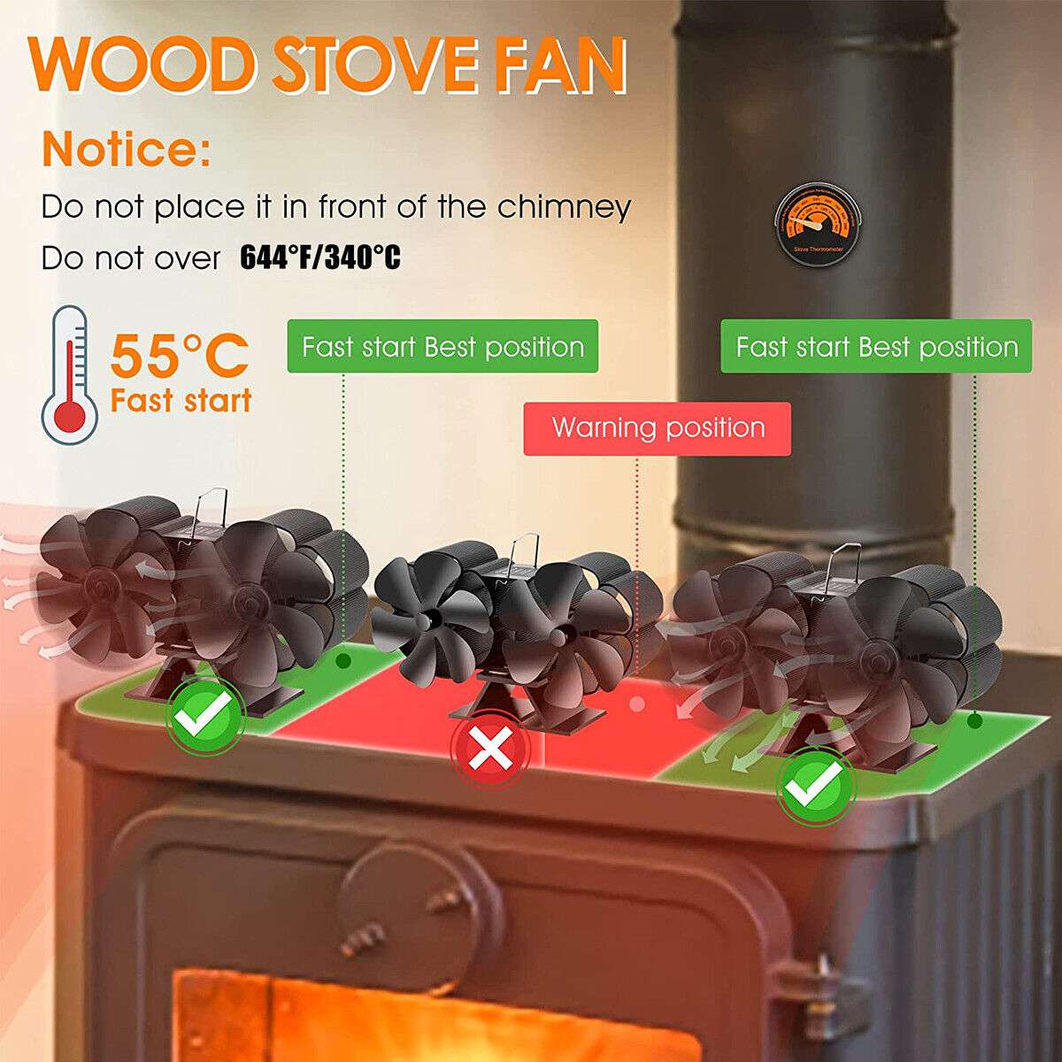 12-Blade Silent Eco Heater - Self-Powered Wood Stove Fan for Fireplace & Stove Top - Efficient Heat Distribution for Cozy Home Heating