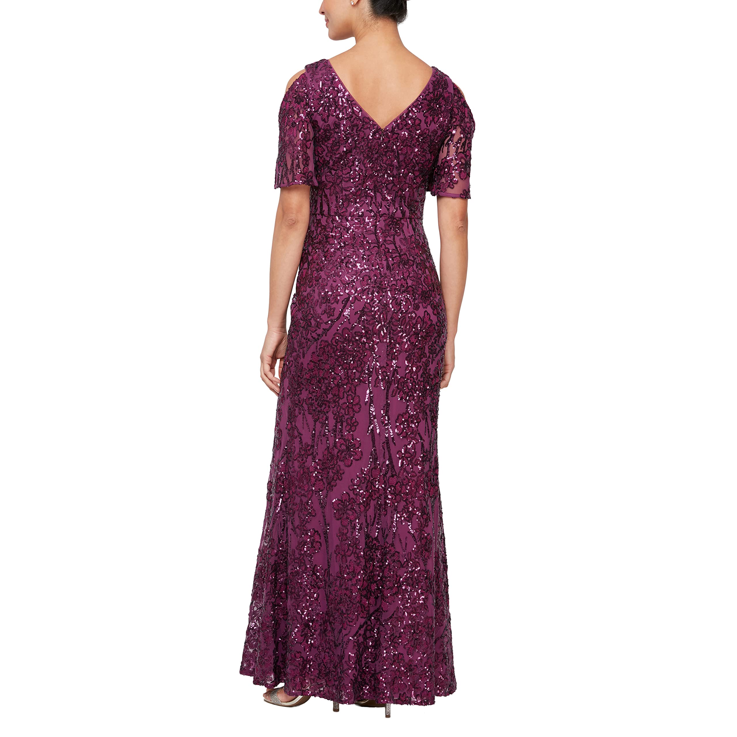 Alex Evenings Women's Long Sequin Mother of The Bride Dress with Cold Shoulder Flutter Sleeves - Formal Evening Gown for Weddings, Galas & Special Occasions (Petite & Regular Sizes)