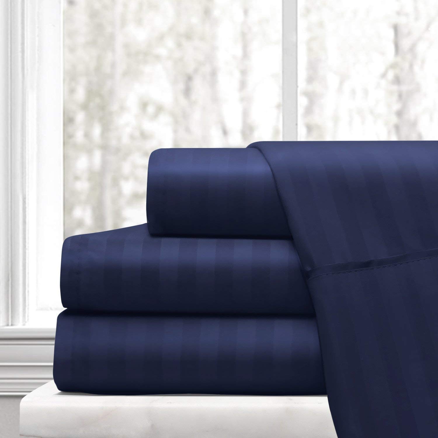 Navy Blue Striped 6-Piece Sheet Set - 100% Ultra-Soft Cotton with 21-Inch Deep Pockets, Hypoallergenic & Comfortable - Perfect for Short Queen Beds in Dorms, Guest Rooms & Small Spaces