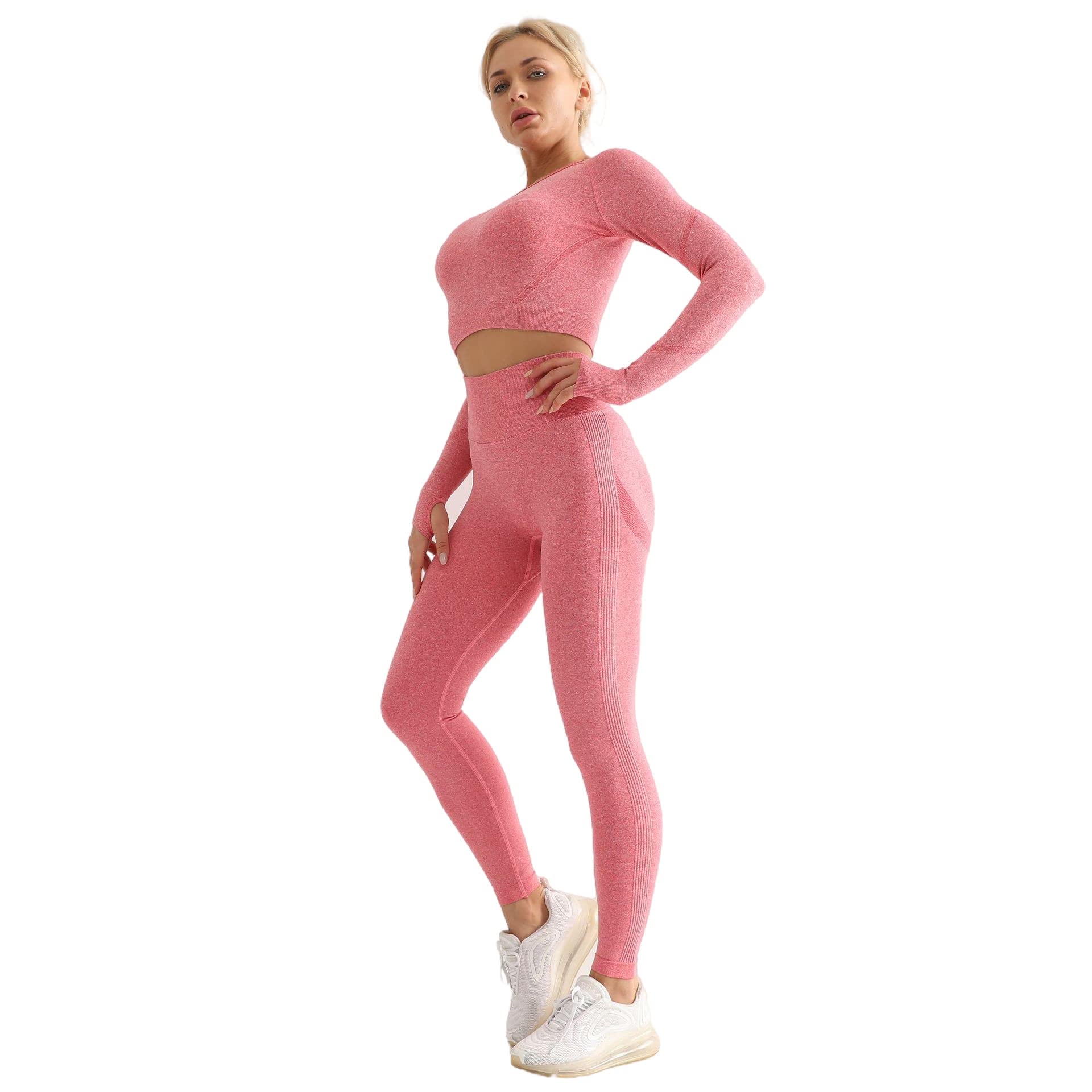 Women's 2-Piece Seamless Workout Set - High Waist Yoga Leggings & Long Sleeve Crop Top for Running, Gym & Fitness | Breathable Sports Outfit for Yoga, Pilates & Active Lifestyle