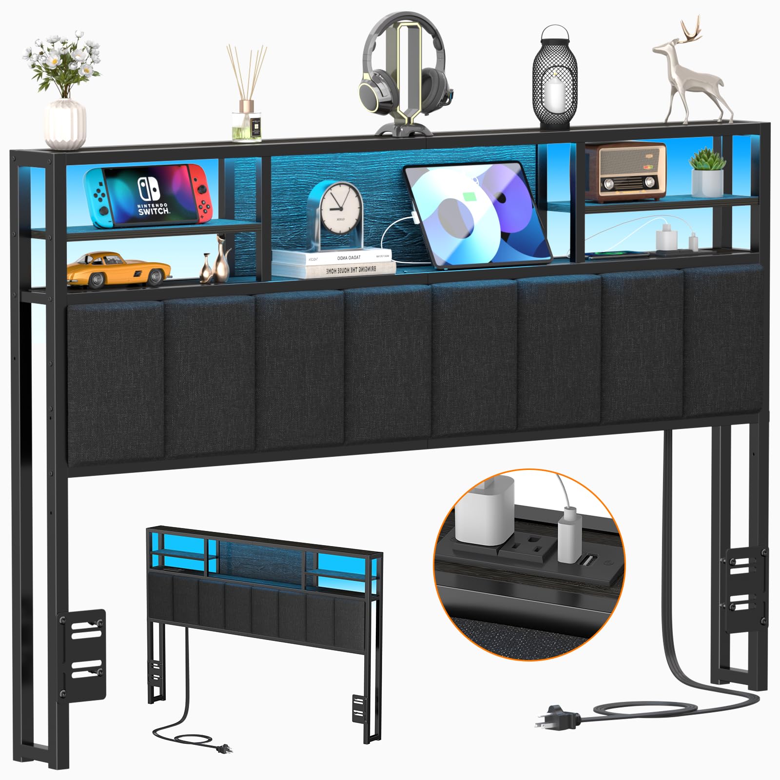 Furnulem Queen Size Bed Headboard with Storage Shelves, USB Ports & Outlets, LED Lighting - Adjustable Height, Sturdy Design with Charging Station - Perfect for Bedroom Organization & Modern Home Decor