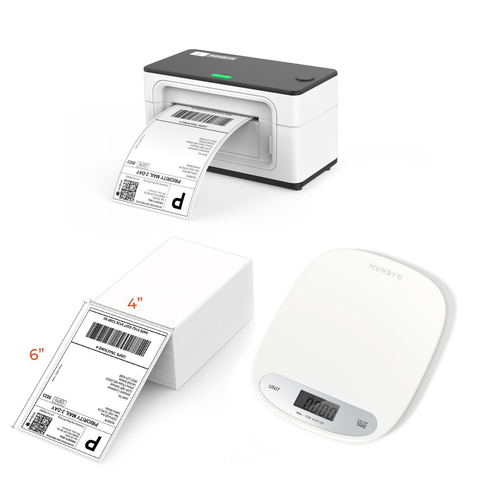 MUNBYN 300dpi Thermal Shipping Label Printer with 500 4x6 Fan-Fold Labels & 11lb Digital Shipping Scale - Perfect for E-commerce, Amazon FBA, and Small Business Shipping Needs