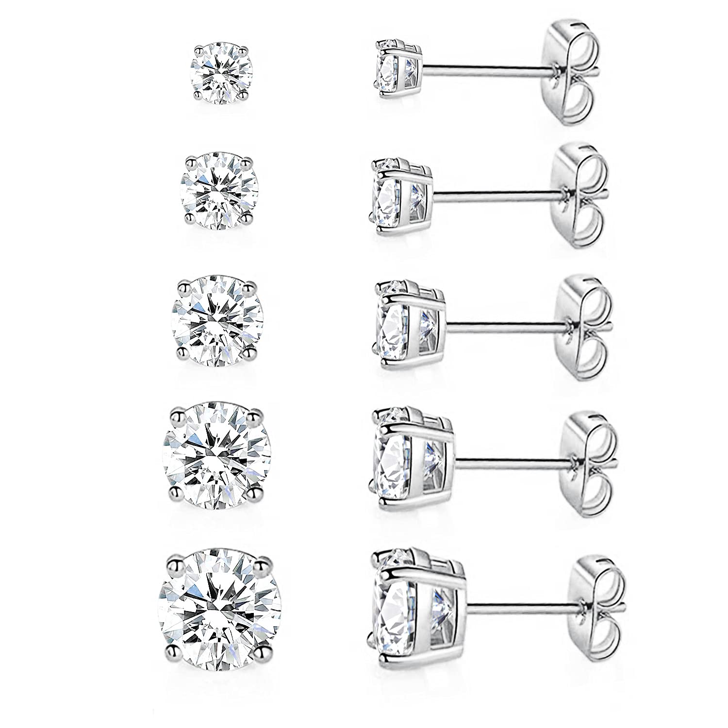 18K Gold Plated 4 Prong Graduated Round Clear Cubic Zirconia Stud Earrings for Women - 5 Pairs Set, Elegant Everyday Jewelry for Work, Party & Special Occasions