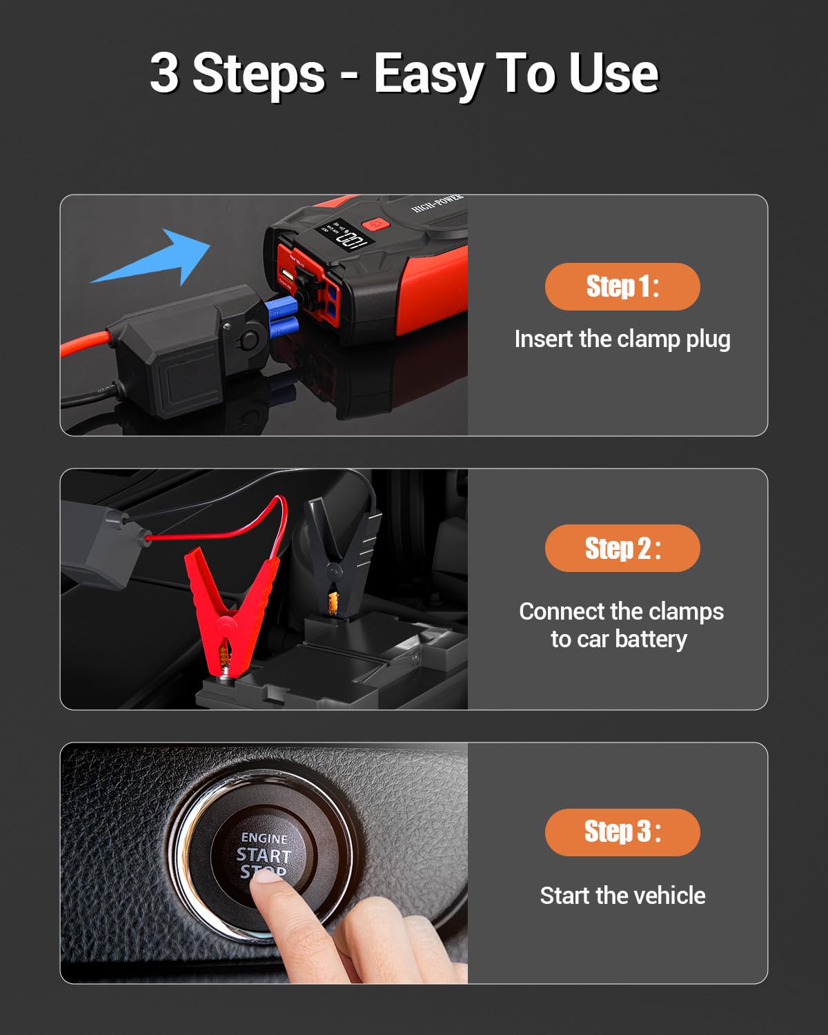 3000A Portable Car Jump Starter - 12V Battery Booster for Up to 8.5L Gas & 8.0L Diesel Engines with Power Bank, Smart Jumper Cables & 4-Mode Flashlight | Emergency Roadside Assistance, Camping, Power Outages