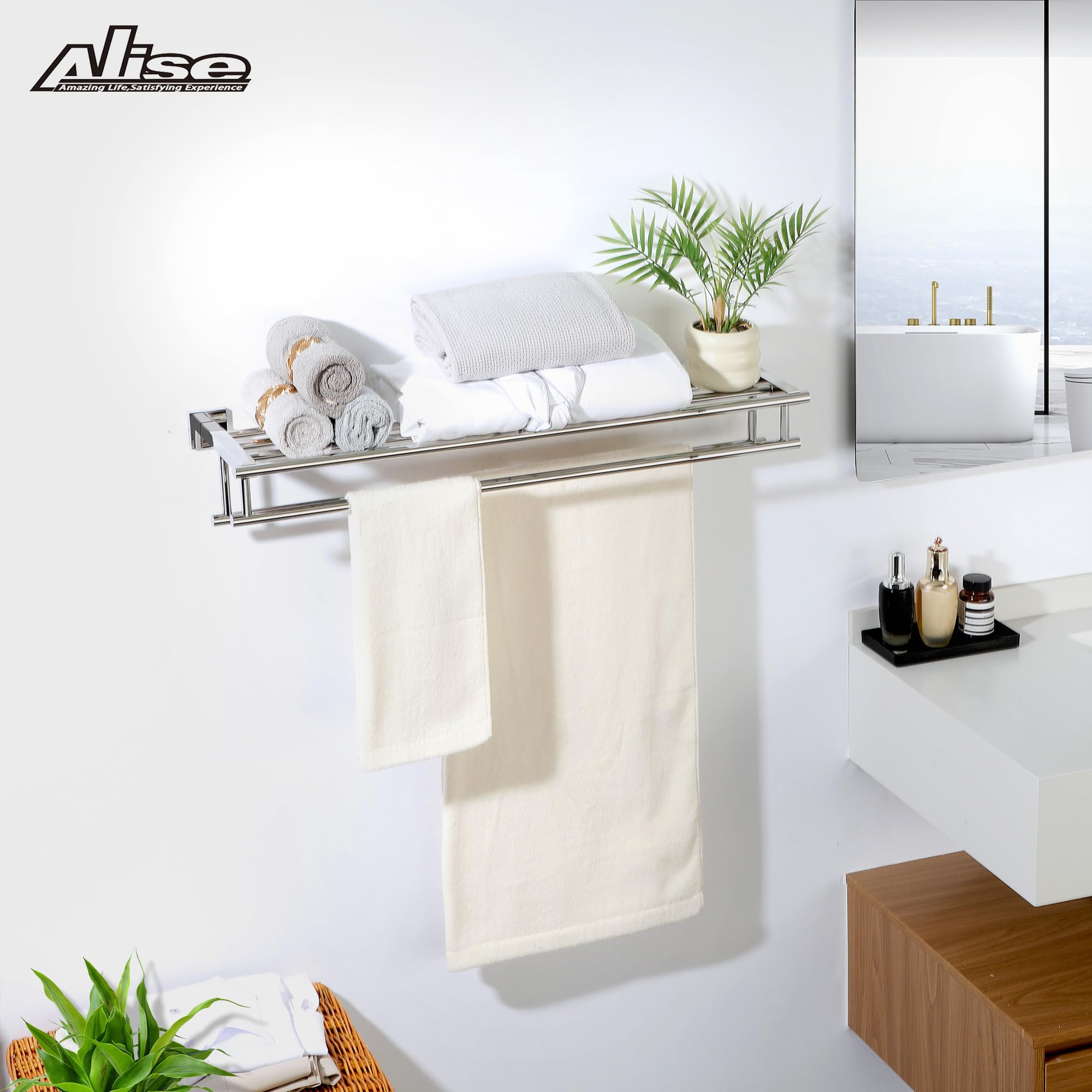 Alise 28 Inch SUS 304 Stainless Steel Wall Mount Towel Rack - Double Towel Bars Bathroom Hanger with Polished Chrome Finish | Perfect for Bathroom, Lavatory & Spa Decor