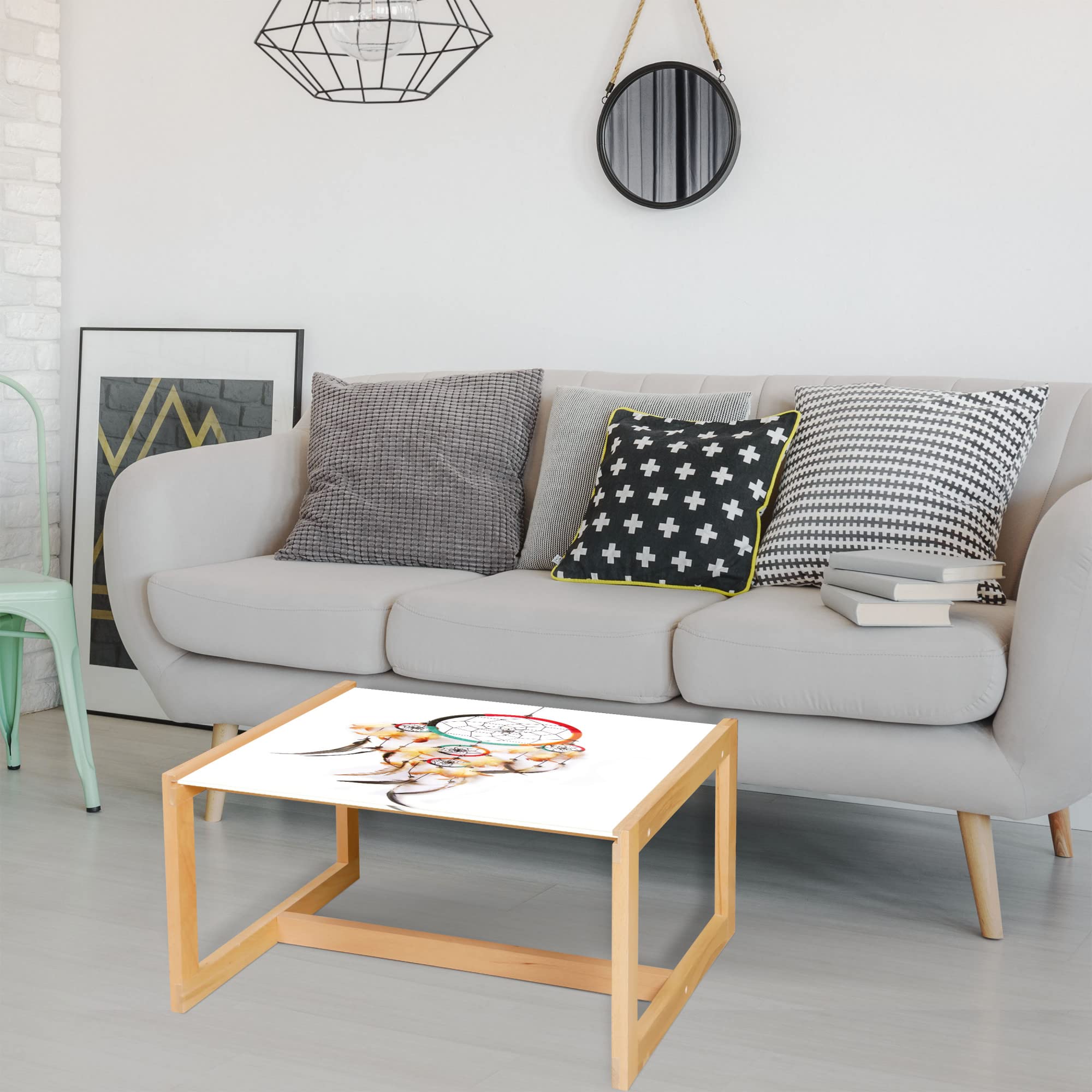 Bohemian Dreamcatcher Coffee Table - Wooden Frame & Acrylic Glass for Office & Dorm Decor