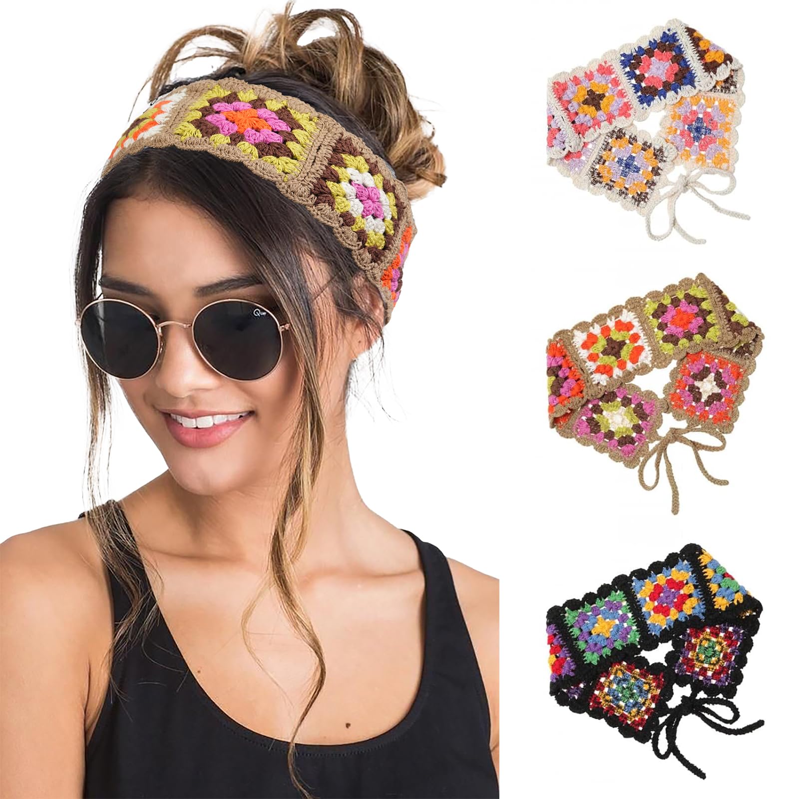 Bohemian Floral Knit Headbands for Women - Hippie Hair Bandanas & Boho Head Wraps in Black, White & Gray - Perfect for Music Festivals, Yoga & Casual Outfits