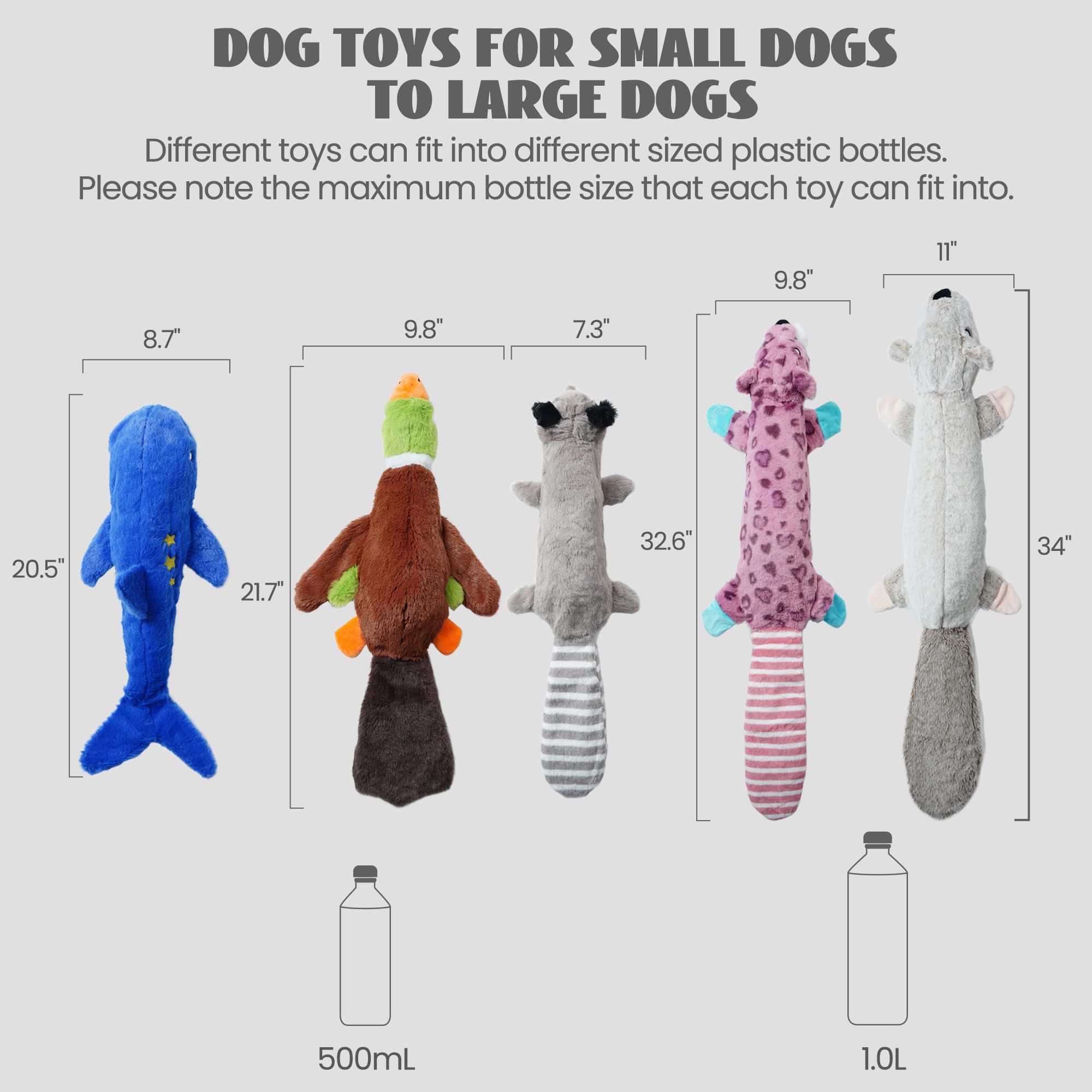 2-in-1 No Stuffing Crinkle Dog Toys with Soft Durable Fabric - Holds Water Bottles, 2 Extra Long & 3 Regular Size Stuffless Chew Toys - Squeaky Interactive Toys for Small to Large Dogs - Perfect for Indoor Play, Outdoor Fetch & Training Rewards