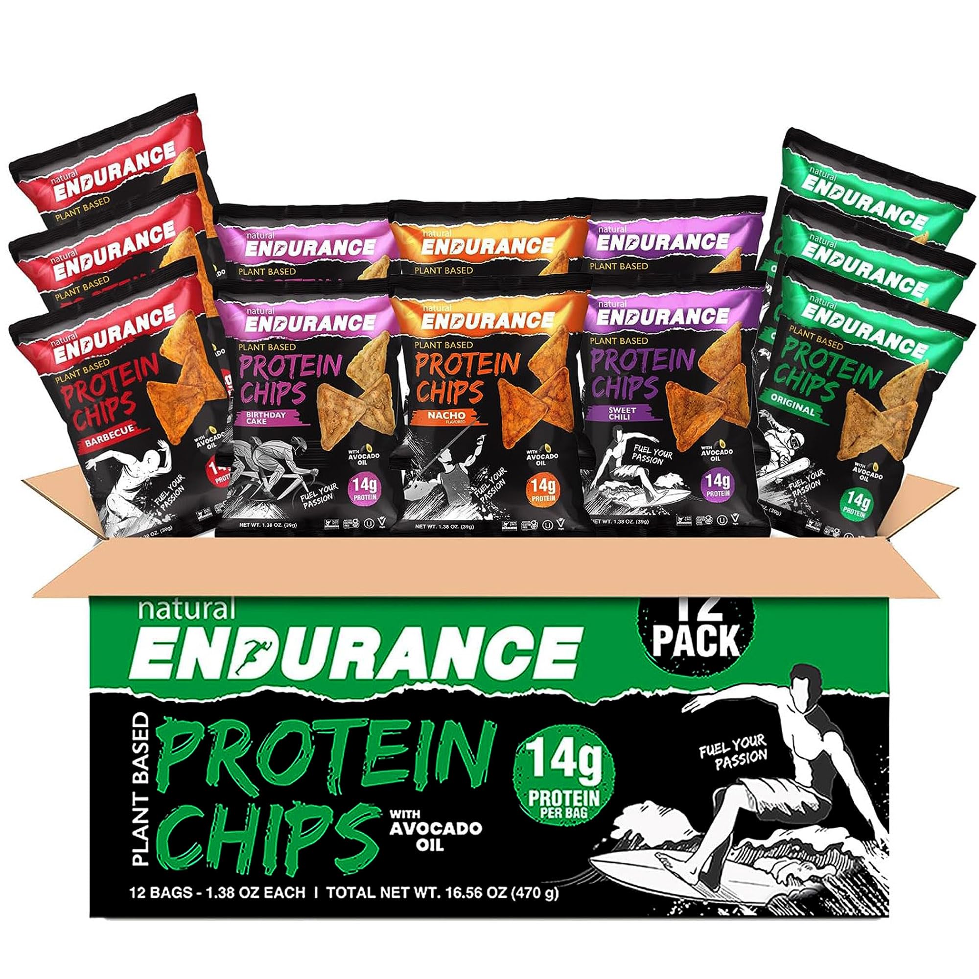 Natural Endurance Protein Chips - Low Carb High Protein Vegan Snacks with Avocado Oil, 14g Protein Per Bag, Gluten Free, Nacho BBQ Chili Birthday Cake Original Flavors - Variety Pack (12 x 1.38oz) for Gym, Hiking, Keto Diet & Healthy On-the-Go Snacking