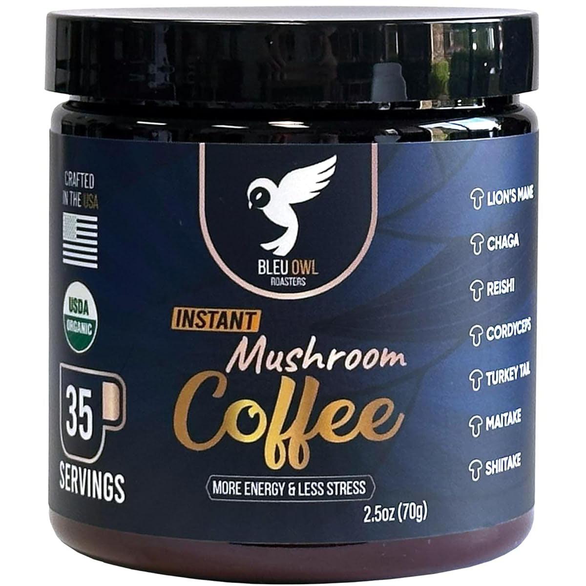 Bleu Owl Roasters Instant Mushroom Coffee Powder - Organic & Healthy Mushroom Coffee Mix for Energy & Focus - Perfect for Morning Boost, Workouts, and Office Productivity