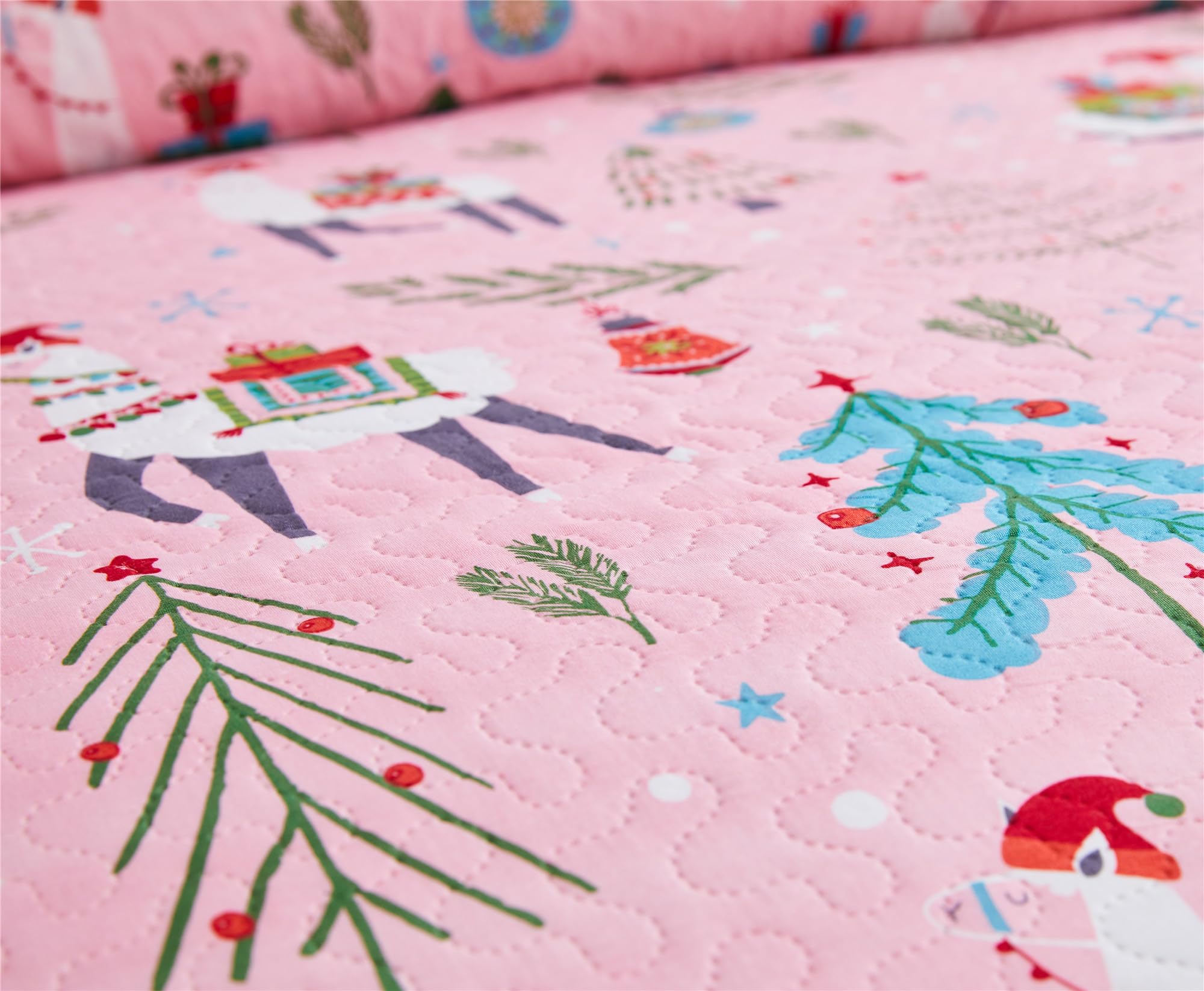 Smuge Kids Pink Christmas Alpaca Quilt Set Twin Size - Snowflake Tree Printed Bedding for Holiday & Xmas Celebration - Soft Bedspread Comforter Cover - Cozy Bedroom Decor for Winter Season