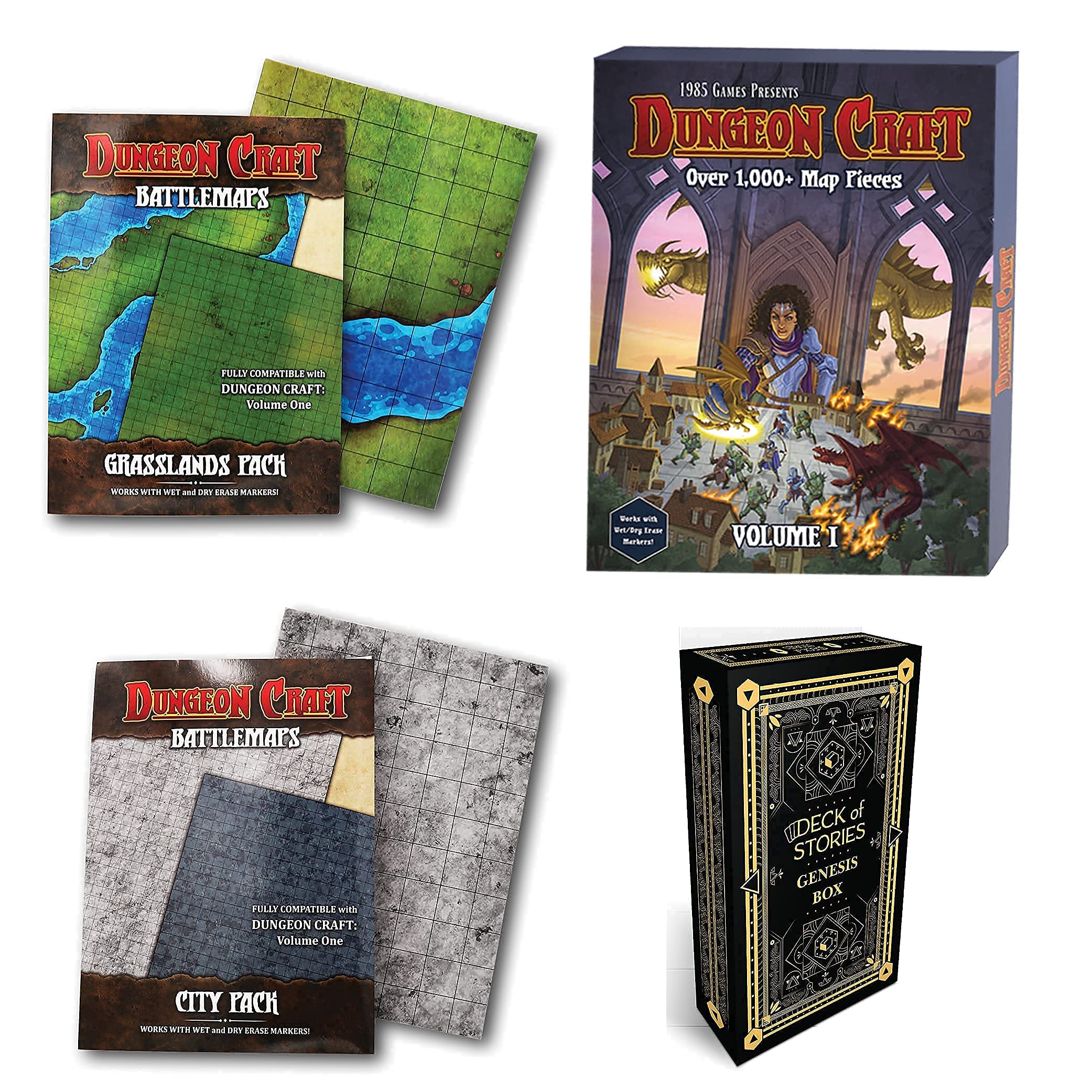Dungeon Master's Starter Bundle - Dungeon Craft Vol 1 Terrain Set with Reversible Grasslands & City Battle Map | Deck of Stories Vol 1 RPG Story Cards | Perfect for D&D, Pathfinder & Fantasy Tabletop Gaming Adventures