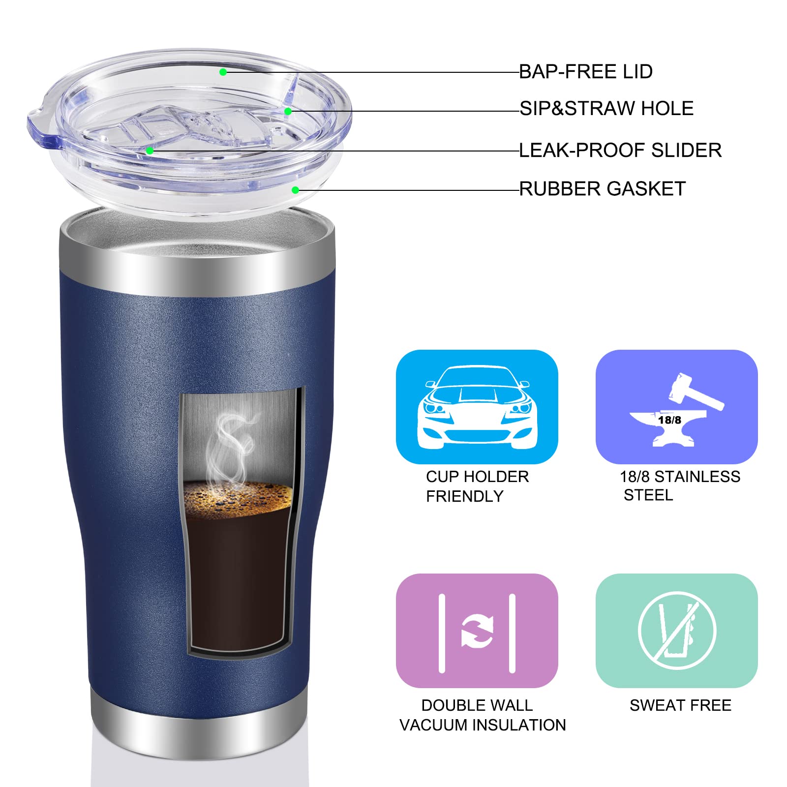 VEGOND 20oz Stainless Steel Vacuum Insulated Tumbler with Lid & Straw - Double Wall Travel Coffee Mug for Hot & Cold Drinks - Navy Blue (1 Pack) - Perfect for Office, Gym, Camping & Outdoor Activities