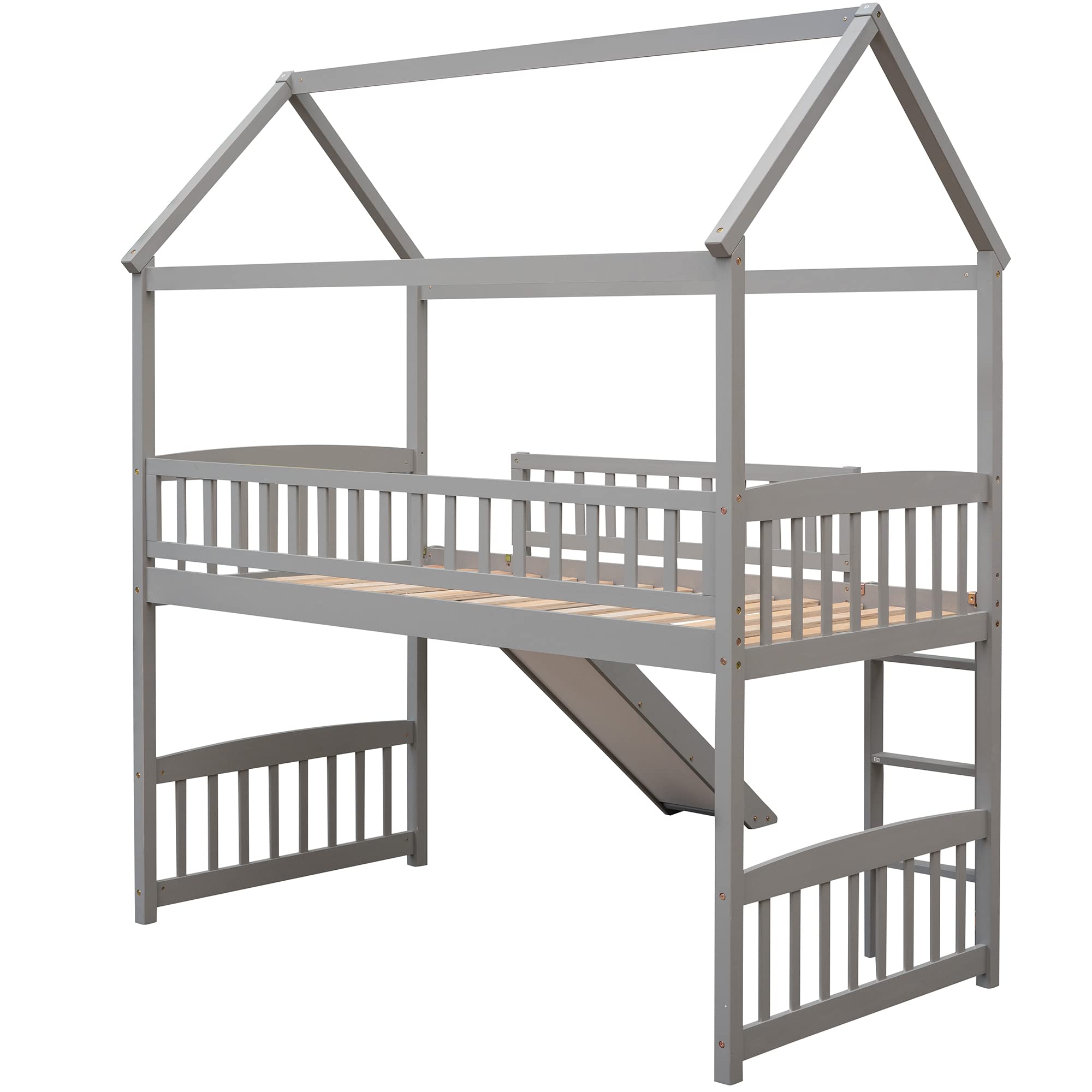 Bellemave Twin Loft Bed with Slide - Wooden House Style Bunk Bed with Roof for Kids & Toddlers - Space Saving Grey Loft Bed for Small Rooms - Perfect for Boys & Girls Bedroom, Playroom or Dorm