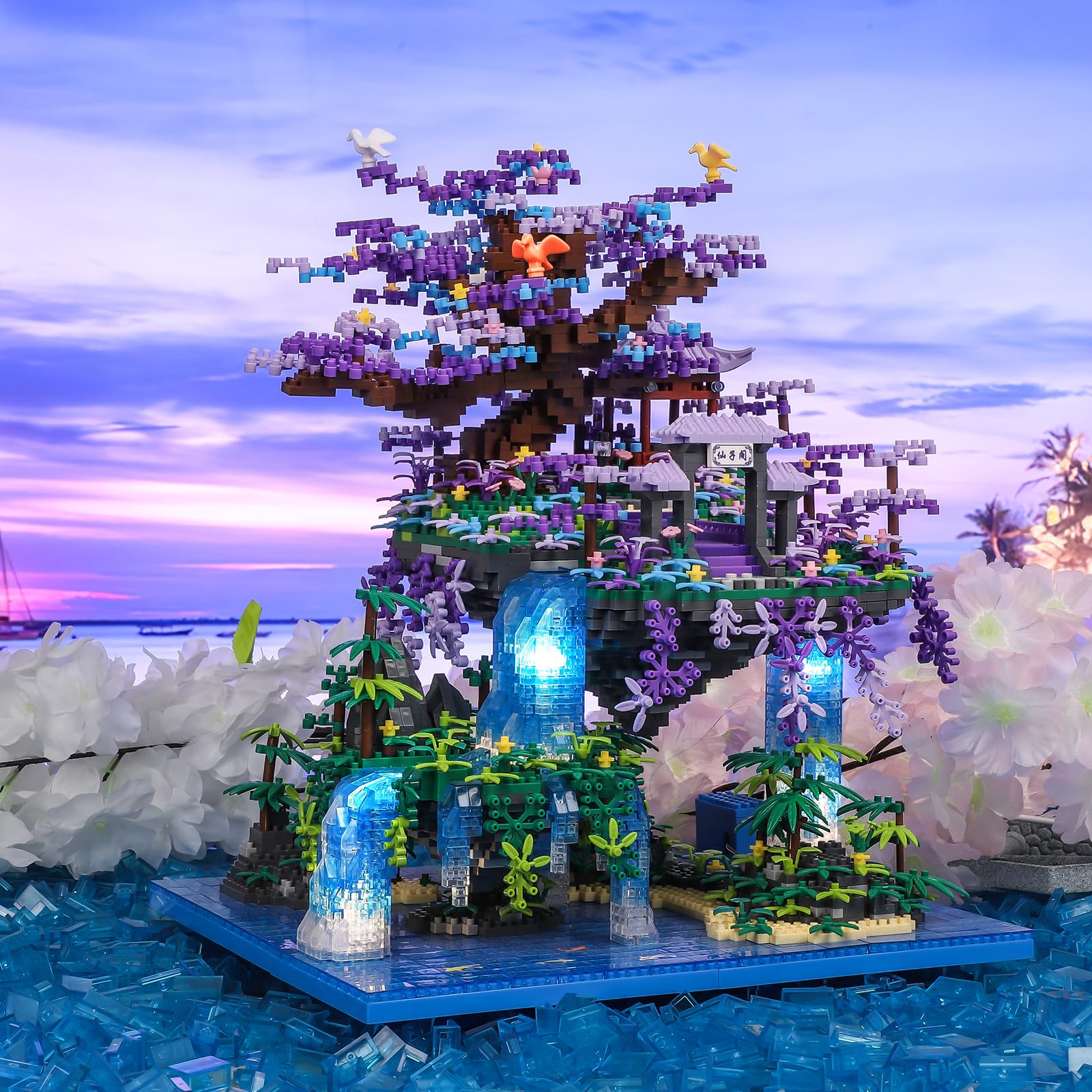 Moon Palace Pavilion Building Blocks Set - 4574pcs Micro Miniature Bonsai Tree House with LED String Lights & Flowers - Creative DIY Model Kit for Adults & Kids | Home Decor, Gift Idea, Stress Relief Activity