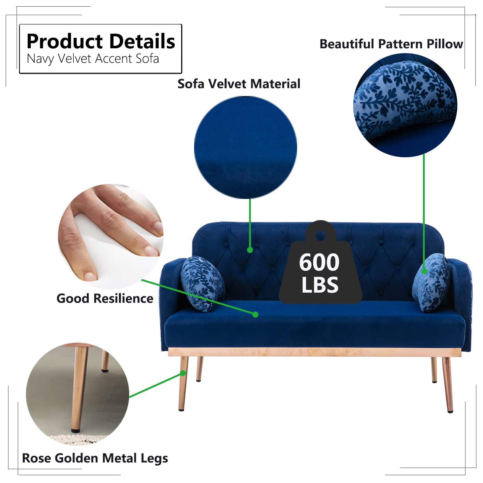 Velvet Accent Loveseat Sofa with Gold Legs & 2 Soft Pillows - Navy Blue Small Couch for Living Room, Bedroom, Apartment - Perfect for Cozy Seating & Home Decor