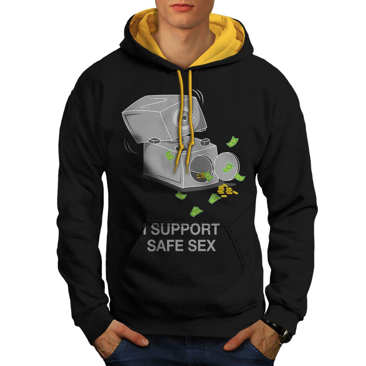 Funny Safe Sex Contrast Hoodie for Men - Wellcoda Graphic Hooded Jumper | Perfect for Parties, Date Nights & LGBTQ+ Events