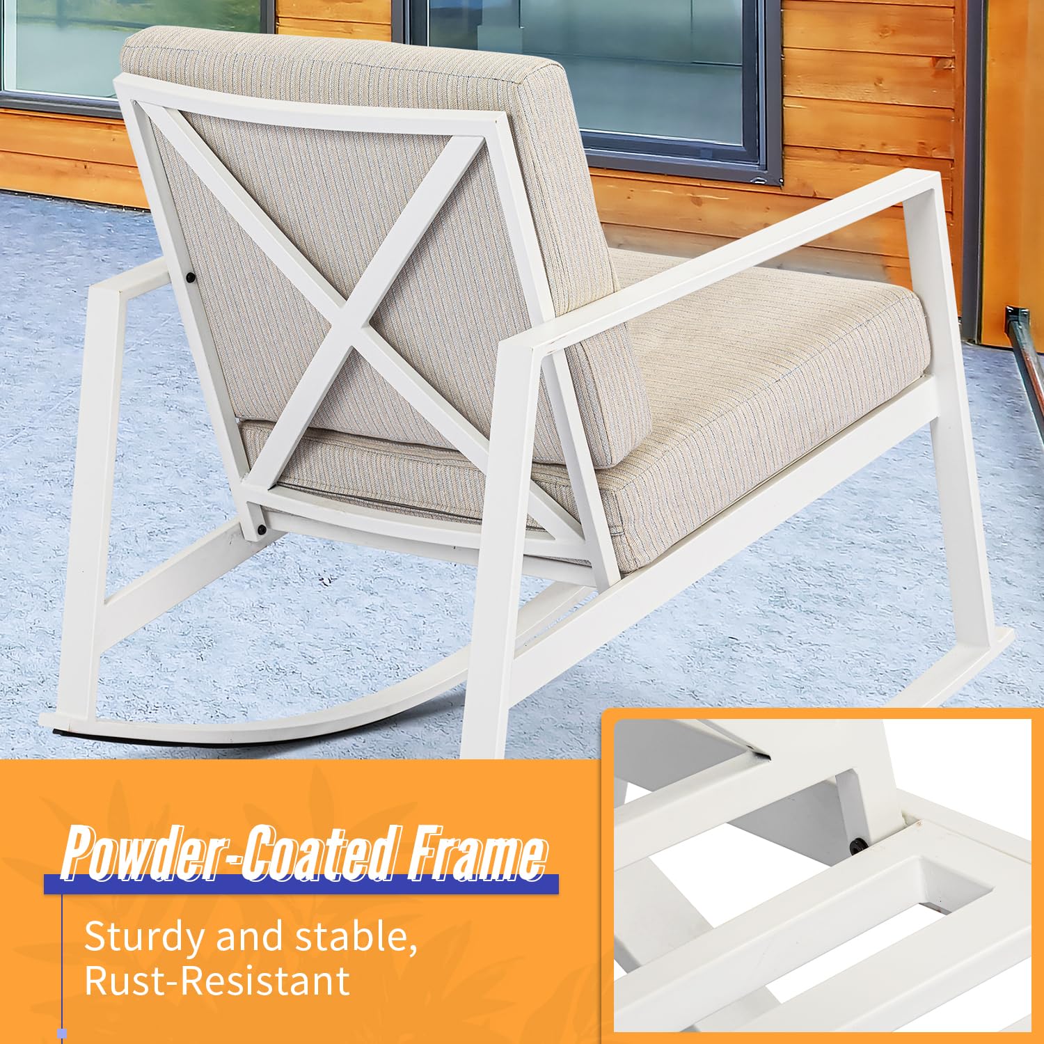 AQUILLA 3-Piece Outdoor Patio Rocking Chair Set with Metal Frame & Tempered Glass Table - Beige Gray Cushioned Bistro Furniture for Balcony, Garden, Lounge - Durable Weather-Resistant Outdoor Seating for Relaxing & Entertaining