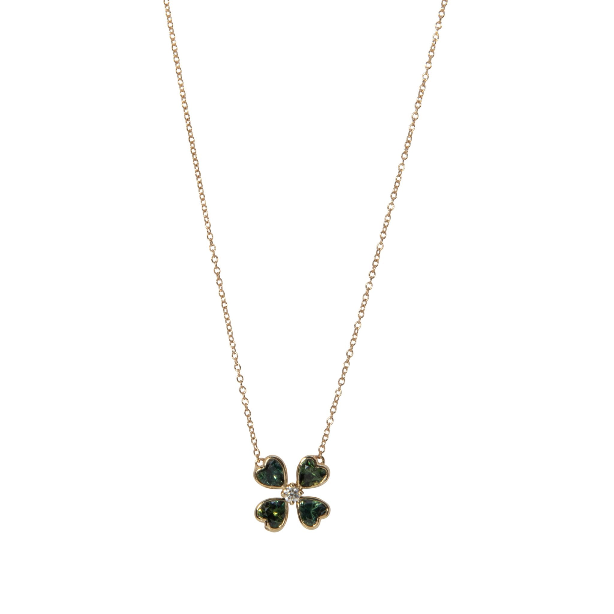 14K Gold Green Sapphire & Diamond Four Leaf Clover Pendant Necklace - Elegant Jewelry Gift for Women, Perfect for St. Patrick's Day, Birthdays & Special Occasions