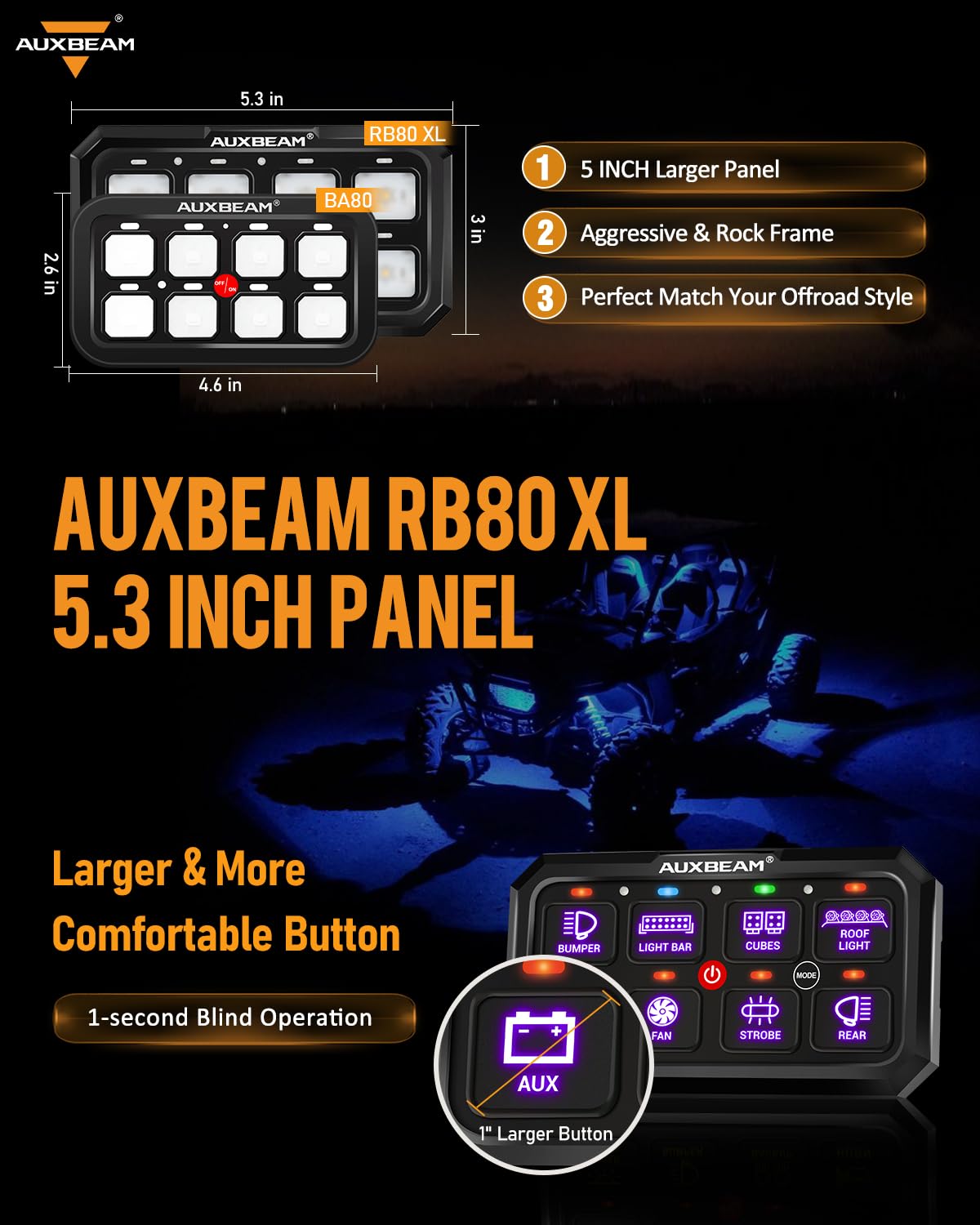 Auxbeam RGB 8 Gang Switch Panel 5.3 Inch RB80 XL - Waterproof Offroad Marine Toggle Switch Pod with Momentary/Pulsed Function & Backlight for Trucks, ATV, Boats - Durable Relay System Box with 2 Year Warranty | Perfect for Off-Roading, Marine Applications & Vehicle Customization