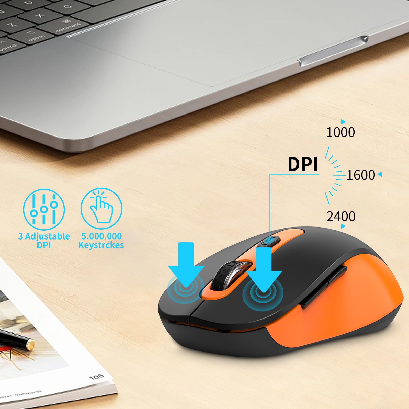 Wireless Silent Mouse for Laptop, PC, MacBook - 2400 DPI Ergonomic USB Mouse with Nano Receiver, 6 Buttons & Anti-Slip Grip - Black Orange - Perfect for Office, Home & Travel Use