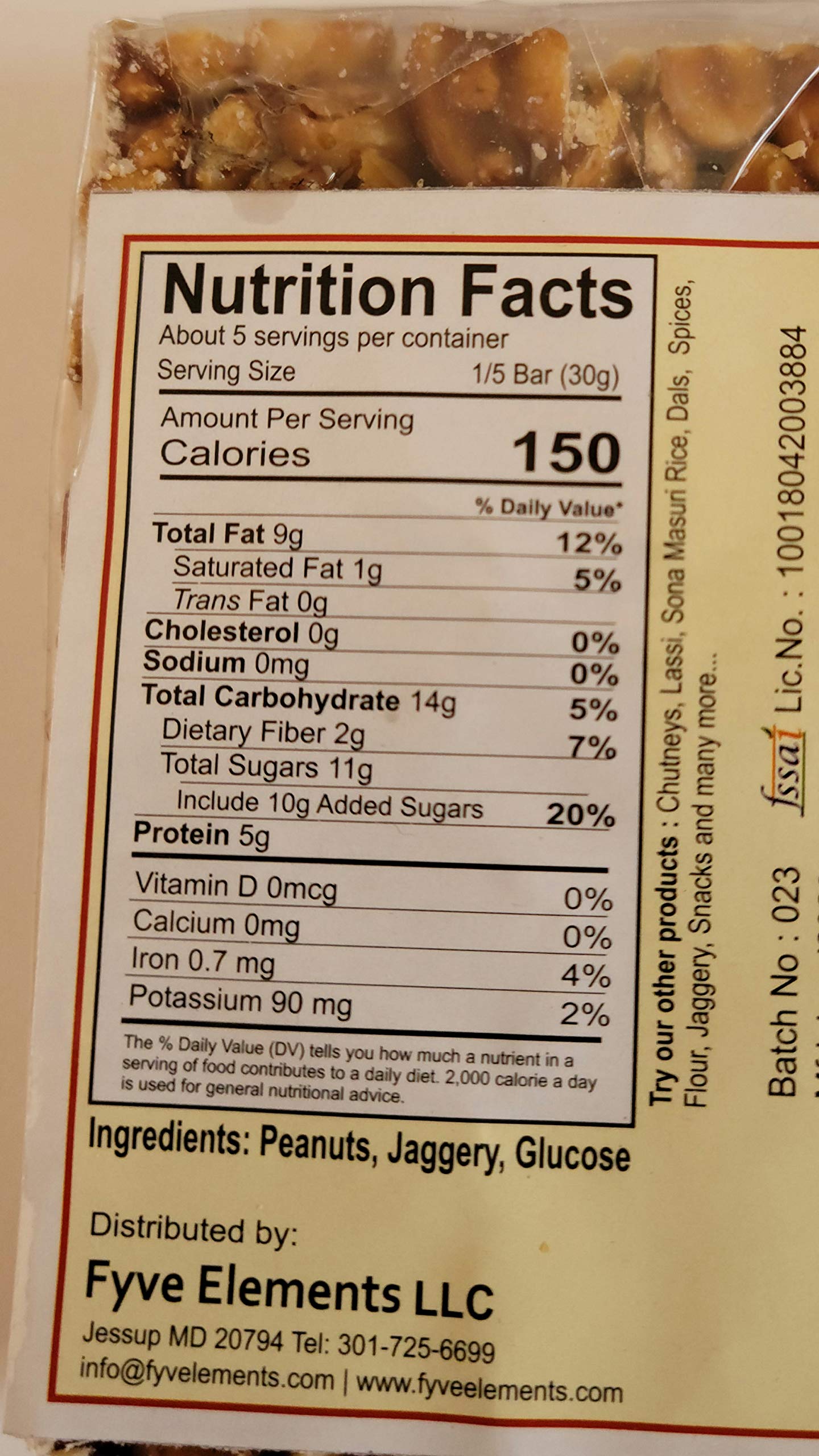 Fyve Elements Crunchy Peanut Brittle (Chikki) - 5.64 Oz (160g) Healthy Snack - Perfect for Office, Travel & Gift Giving