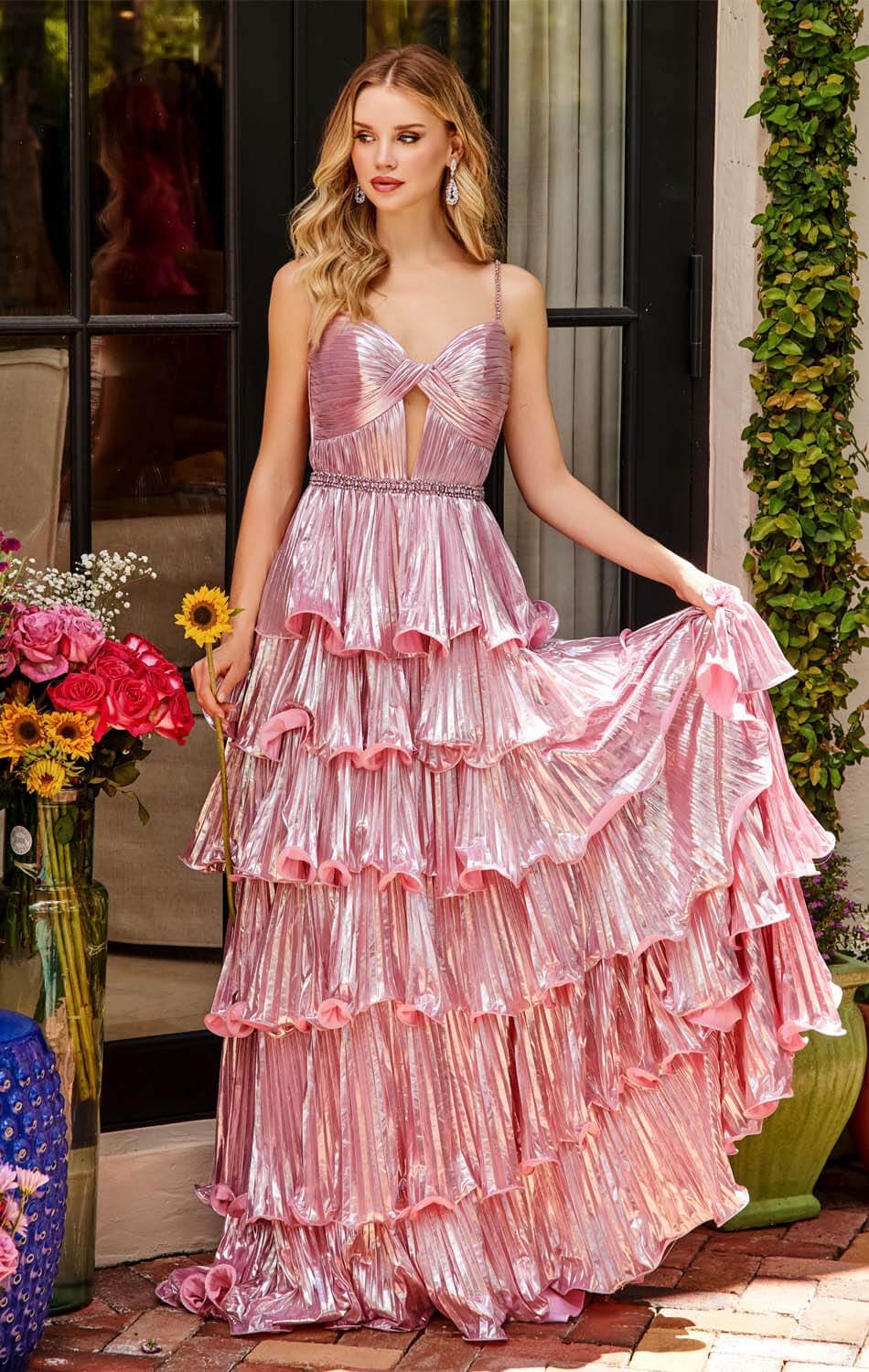 Ava Presley Metallic Tiered Keyhole Gown - Elegant Evening Dress for Prom, Wedding & Formal Events