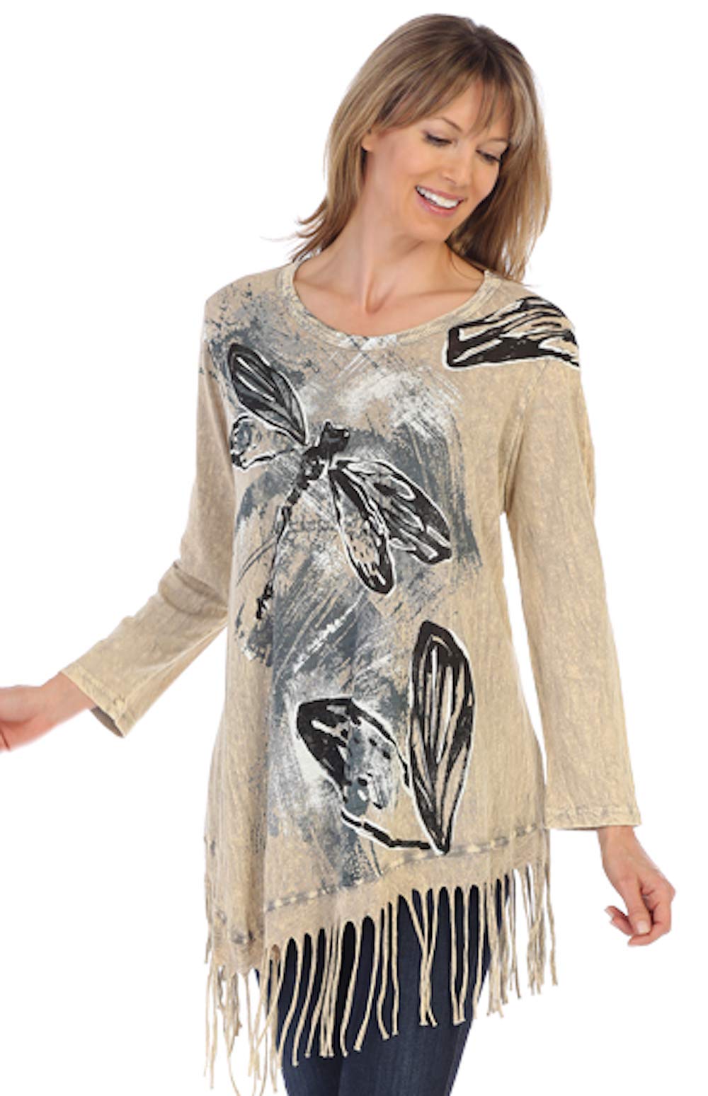 Jess & Jane Women's Blue Poetry Mineral Washed Cotton Fringe Tunic Top - Boho Chic Blouse for Casual Wear, Beach Outfits & Summer Fashion
