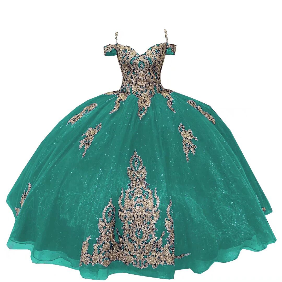 Boho Off Shoulder Ball Gown Quinceanera Dress - Mexican Gold Embroidered Glitter Tulle Prom Evening Dress 2025 | Perfect for Quinceañeras, Prom Nights, Weddings & Special Occasions