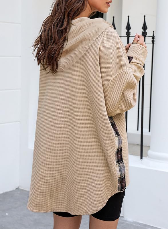 SHEWIN Women's Waffle Knit Plaid Shacket - Oversized Boyfriend Button Down Shirt with Hood, Long Sleeve Loose Top | Casual Fall Outerwear, Streetwear Fashion, Layering Piece for Women