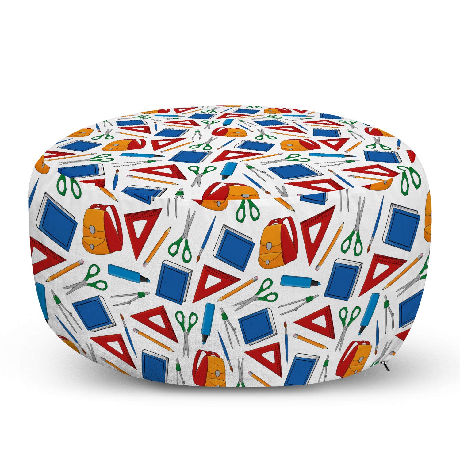Ambesonne Science Ottoman Pouf - Colorful Doodle Style Foot Rest with Removable Cover, Featuring Student Elements Like Backpacks, Pencils & Books - Perfect for Living Room, Bedroom & Study Areas