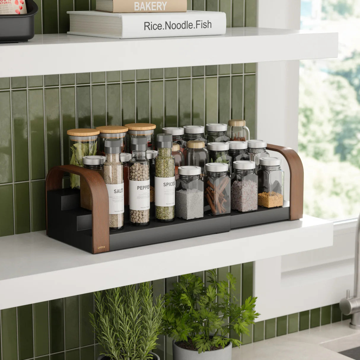 Bellwood 3 Tier Spice Rack Organizer - Walnut & Black Wooden Shelf for Kitchen Countertop - Perfect for Storing Spices, Condiments & Small Kitchen Essentials