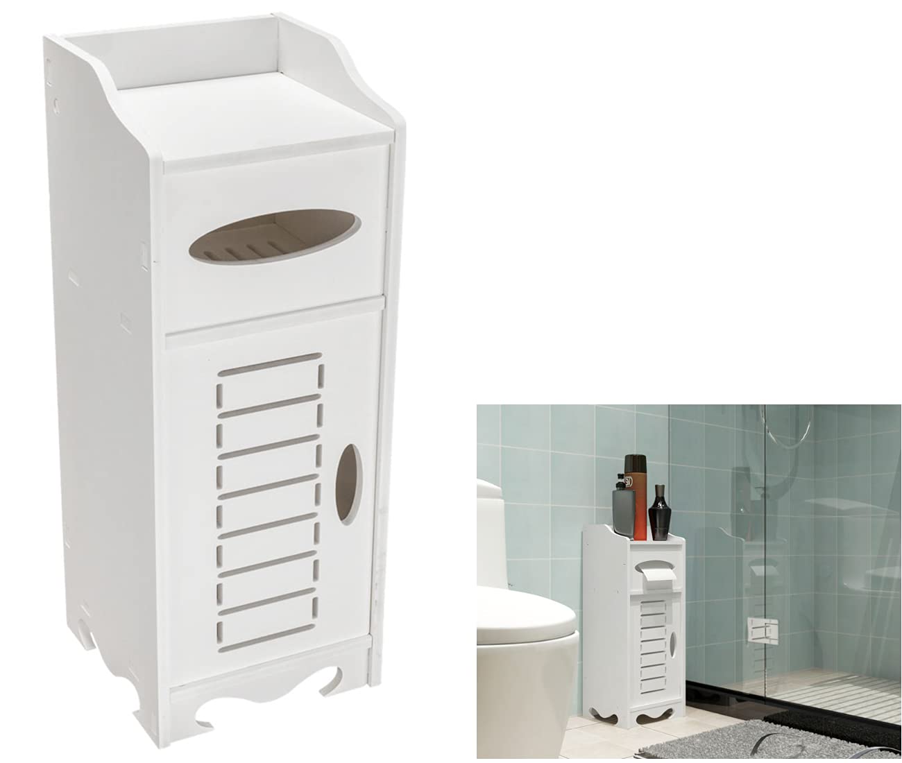 Slim White Toilet Vanity Cabinet - Space-Saving Narrow Bathroom Storage Cabinet with Doors & Shelves, Bathroom Sink Organizer, Towel Holder, Perfect for Small Bathrooms & Powder Rooms | Compact Corner Floor Cabinet for Bath Tissue Storage & Bathroom Essentials Organization