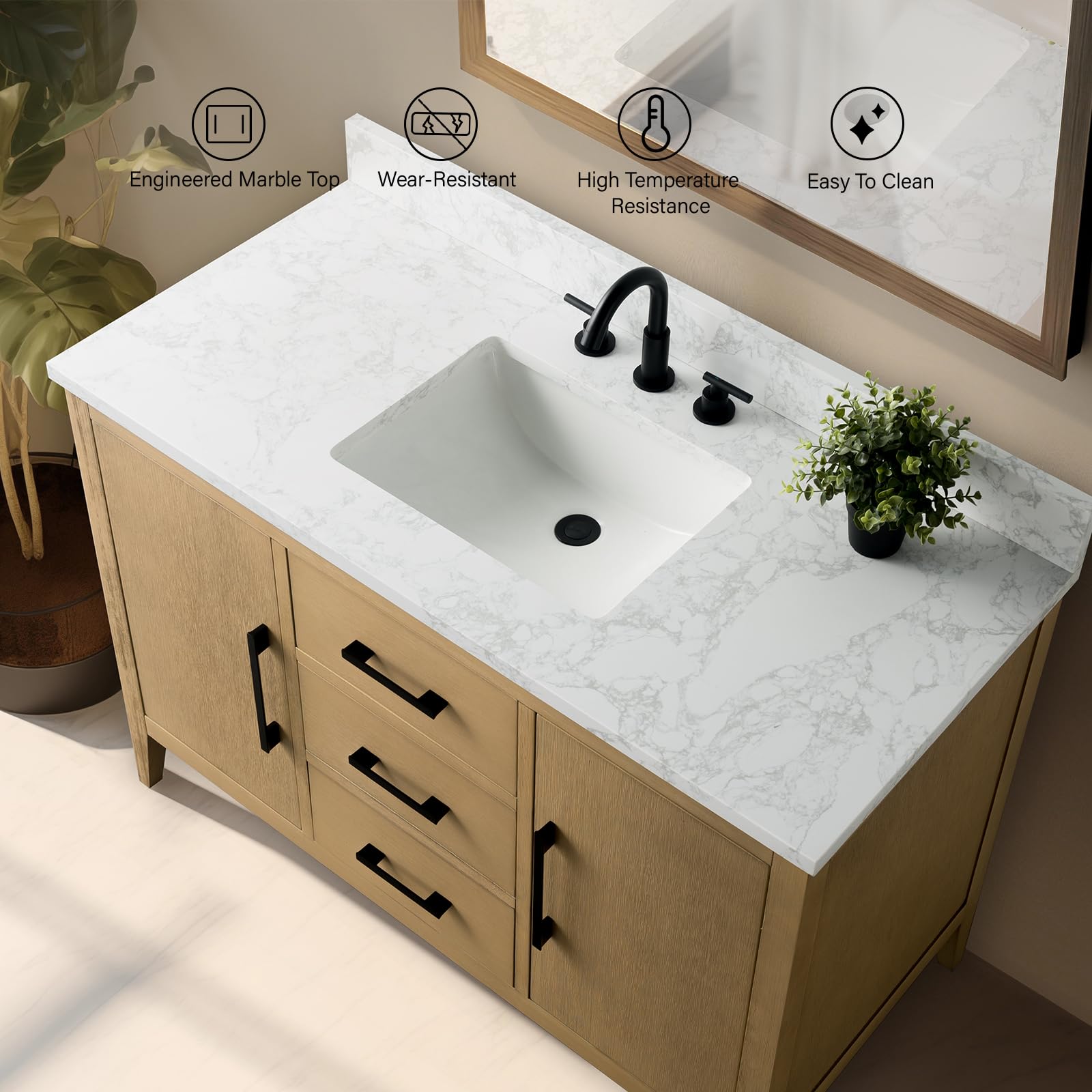 Vanity Art 48 Inch Bathroom Vanity Set with Single Sink & Ceramic Countertop - Soft-Close Cabinet Doors, Drawers, Solid Wood Frame in Natural Oak Finish (VA9048-NO-MB1) - Perfect for Modern Bathrooms, Master Suites, and Home Renovations