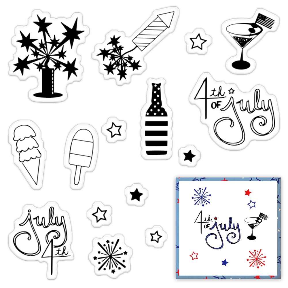 Star Fireworks Clear Stamps for Card Making - 4th of July Words, Firecrackers & Summer Ice Cream Rubber Stamps | DIY Holiday Scrapbooking, Transparent Album Decor, Paper Crafts | Perfect for Independence Day Cards, Summer Party Invitations & Memory Books